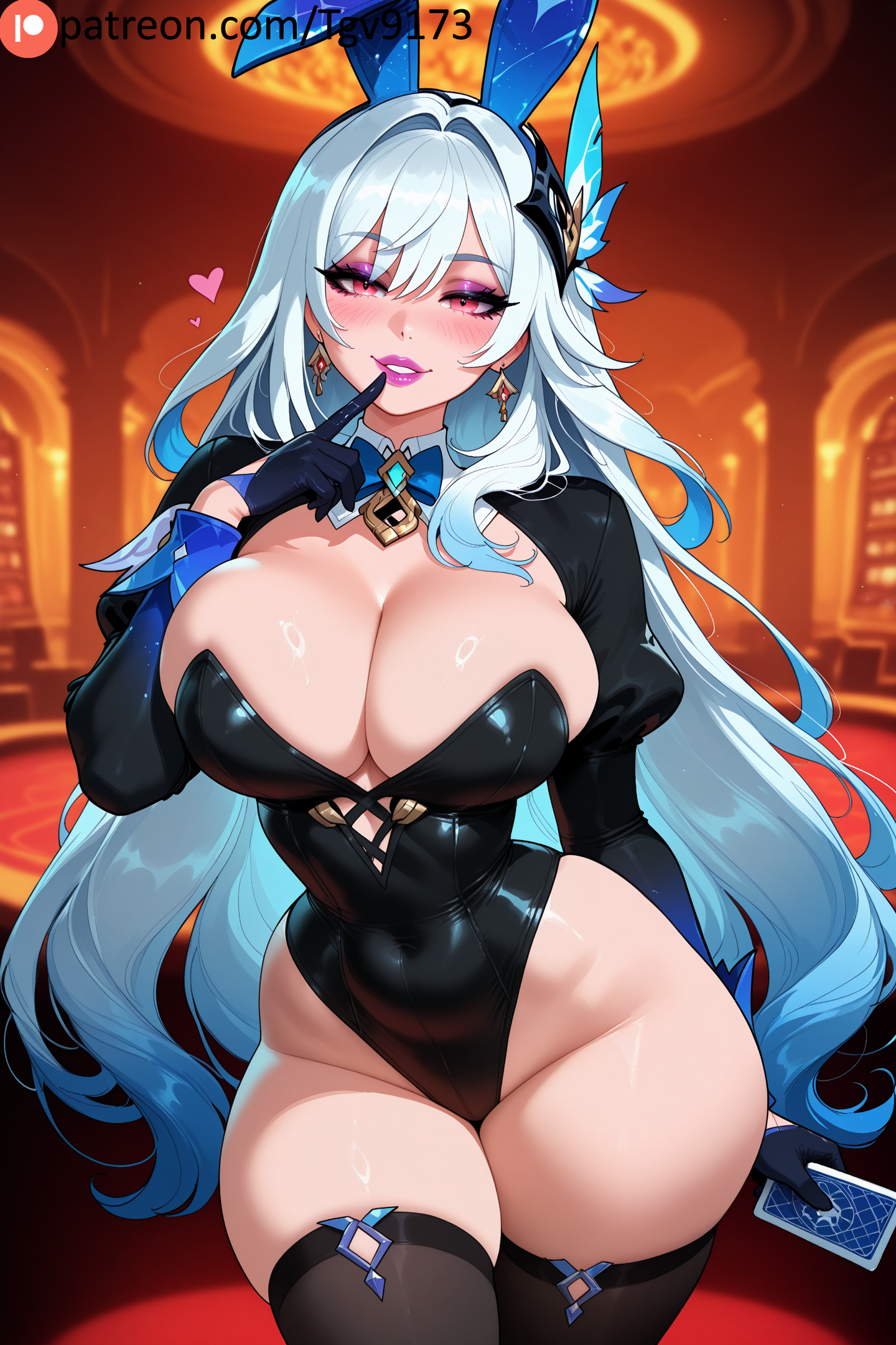 ai generated, animal ears, black gloves, black leotard, black thighhighs, blue hair, blush, breasts, bunny ears, bunnysuit, card, cleavage, covered navel, curvy, earrings, fake animal ears, female, finger to mouth, genshin impact, gloves, hair ornament, heart, highleg, highleg leotard, jewelry, large breasts, leotard, lips, lipstick, long hair, long sleeves, looking at viewer, makeup, playboy bunny, playing card, rabbit ears, red eyes, skirk (genshin impact), smile, solo, tgv9173, thick thighs, thighhighs, thighs, wide hips