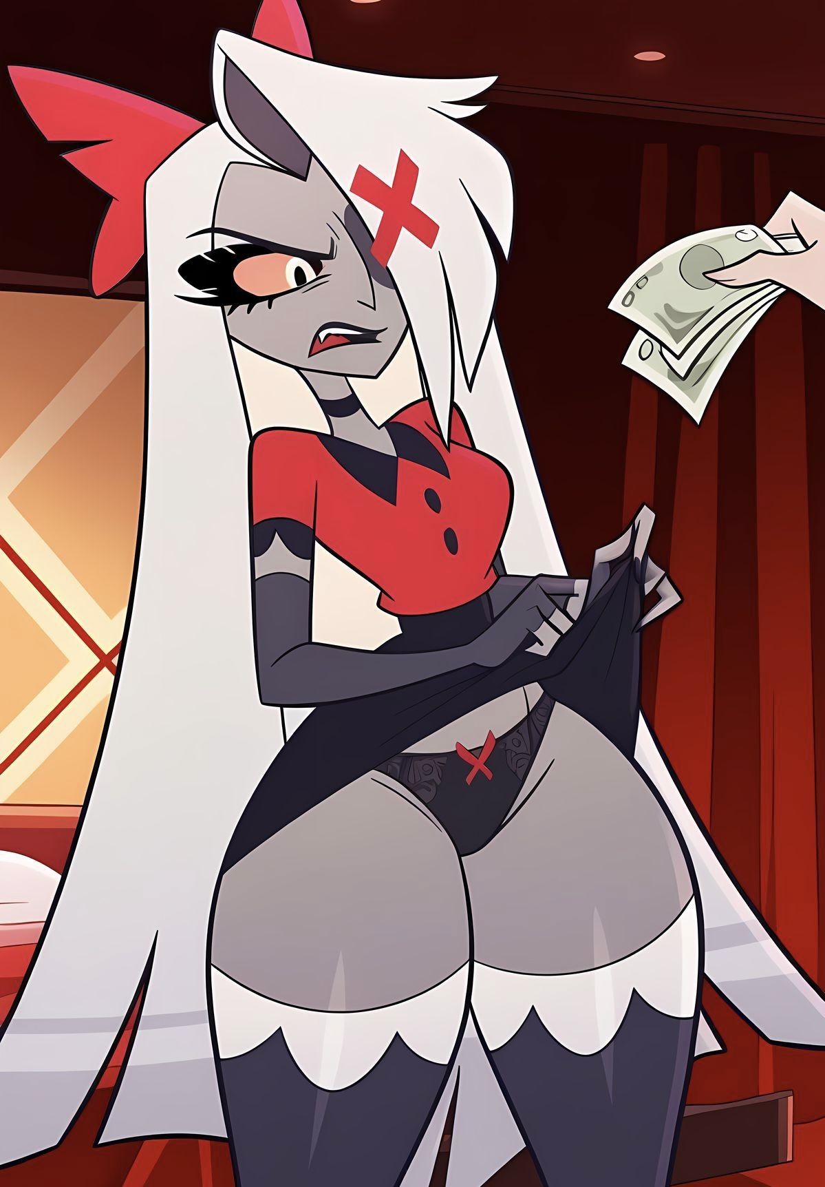 1girls, ai generated, annoyed expression, ayyaai, bedroom, choker, female, hazbin hotel, imminent sex, lace-trimmed panties, lifting shirt, money, prostitution, red topwear, silver hair, skirt, stockings, thick thighs, vaggie (hazbin hotel), wide hips