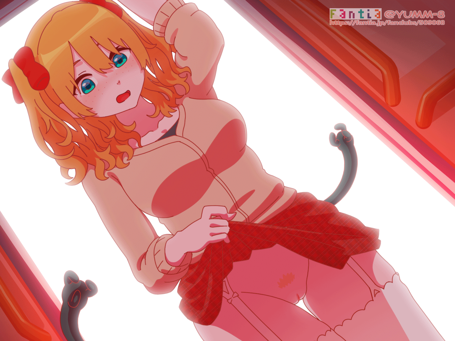 animated, aqua eyes, ass, breasts, bus, censored, curly hair, female, fxx, hair ornament, hairbow, loop, looping animation, miniskirt, mosaic censoring, nia (fxx), orange hair, original, plaid clothes, plaid skirt, public, public indecency, skirt, skirt lift, tagme, tentacle, tentacle grab, train interior, twintails, watermark