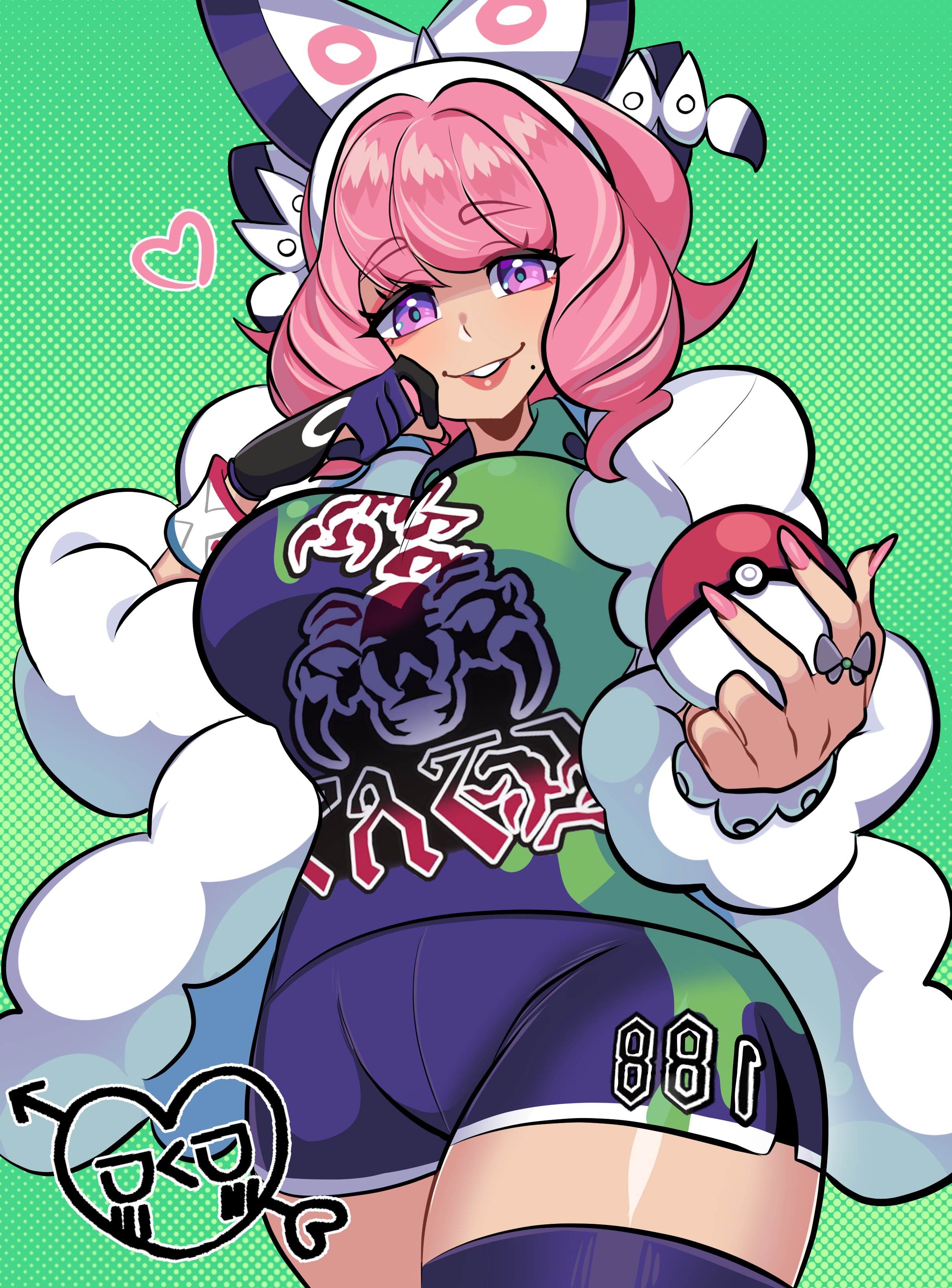1girls, absurdres, asymmetrical legwear, big breasts, bow, bracelet, breasts, collared shirt, drill hair, dynamax band, eyeshadow, female, female only, flipped hair, fur jacket, gloves, hairband, hairbow, hand up, highres, holding, holding poke ball, jacket, jewelry, klara (pokemon), long fingernails, looking at viewer, makeup, mismatched legwear, missandydandy, mole, mole under mouth, nail polish, nintendo, pink eyeshadow, pink hair, pink lips, poke ball, poke ball (basic), pokemon, pokemon ss, print shirt, print shorts, purple eyes, ring, shirt, short hair, shorts, side slit, side slit shorts, single glove, smile, solo, thighhighs, twin drills, white bow, white hairband