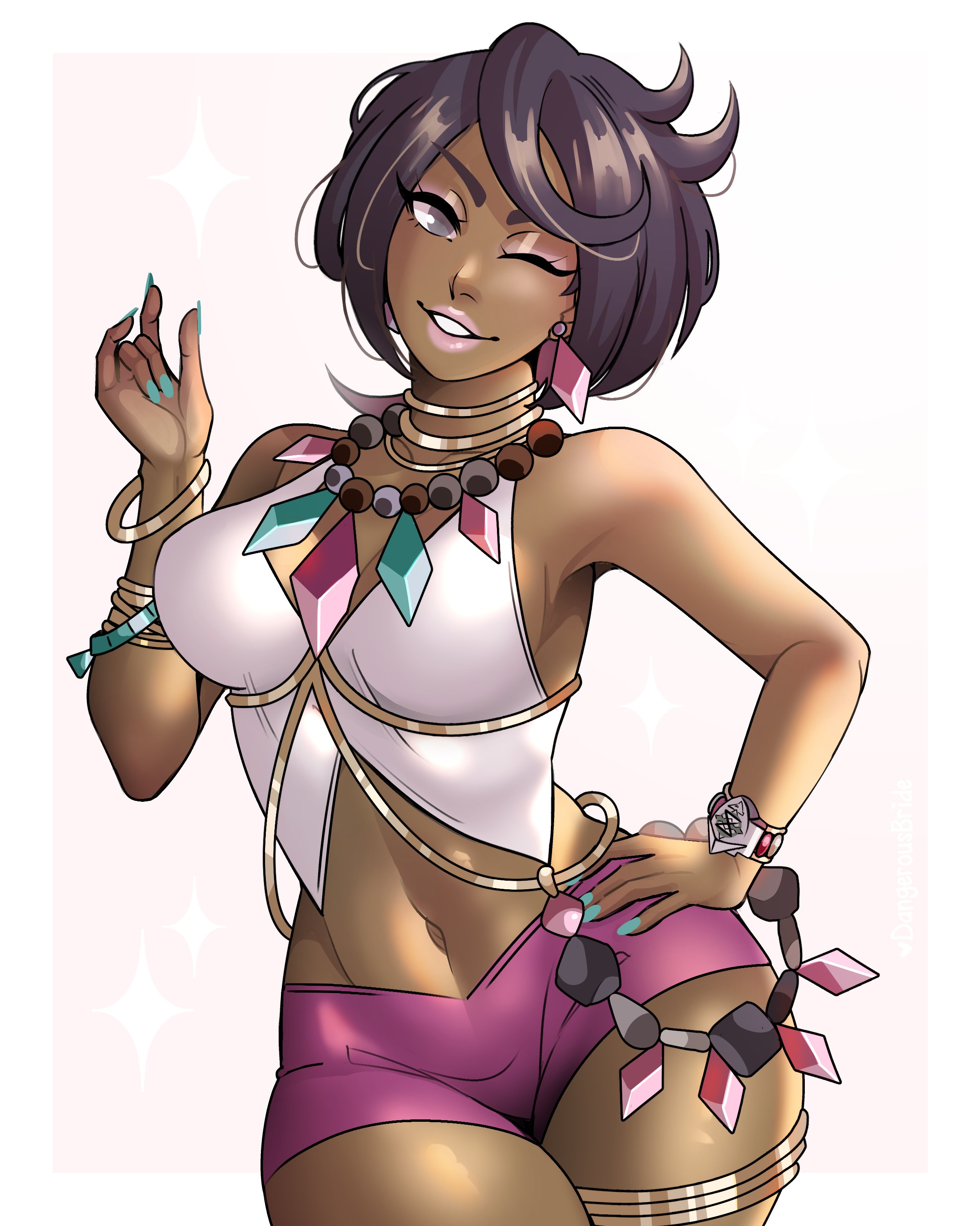 1girls, 2025, 2d, 2d (artwork), black eyes, black hair, cowboy shot, dangerousbride, dark skin, dark-skinned female, female, female only, green nail polish, grin, grinning at viewer, hand on hip, human, human only, looking at viewer, nail polish, nintendo, olivia (pokemon), pink lipstick, pokemon, pokemon sm, questionable, realistic proportions, sfw, simple background, smiling, smiling at viewer, solo, solo female, very high resolution, white background, wink, winking at viewer