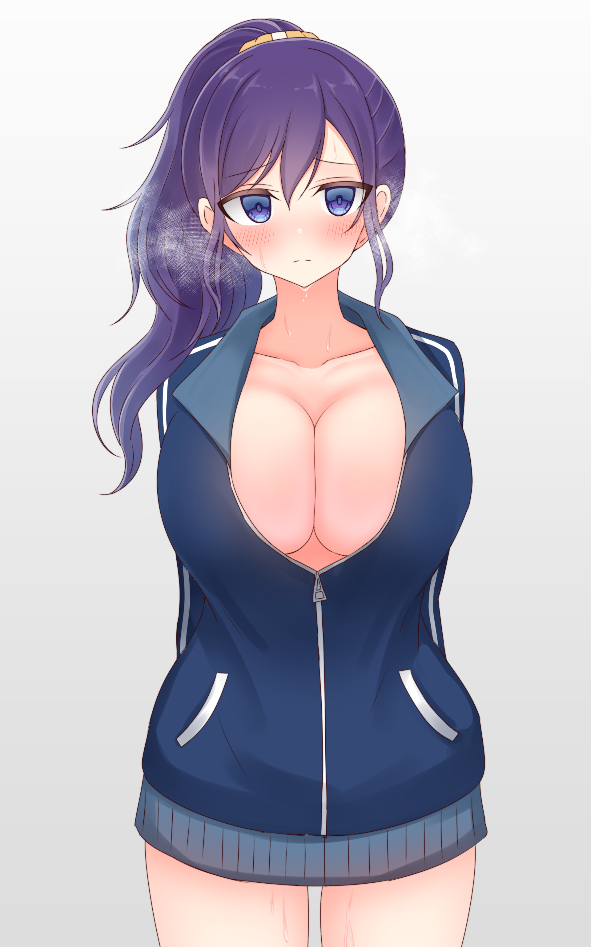 1girls, asahina mafuyu, blue eyes, blush, breasts, chiaki himanagi, cleavage, female, jacket, jacket only, large breasts, looking at viewer, no bra, no bra under clothes, ponytail, project sekai, purple hair, solo, solo female, solo focus, sweat, wet