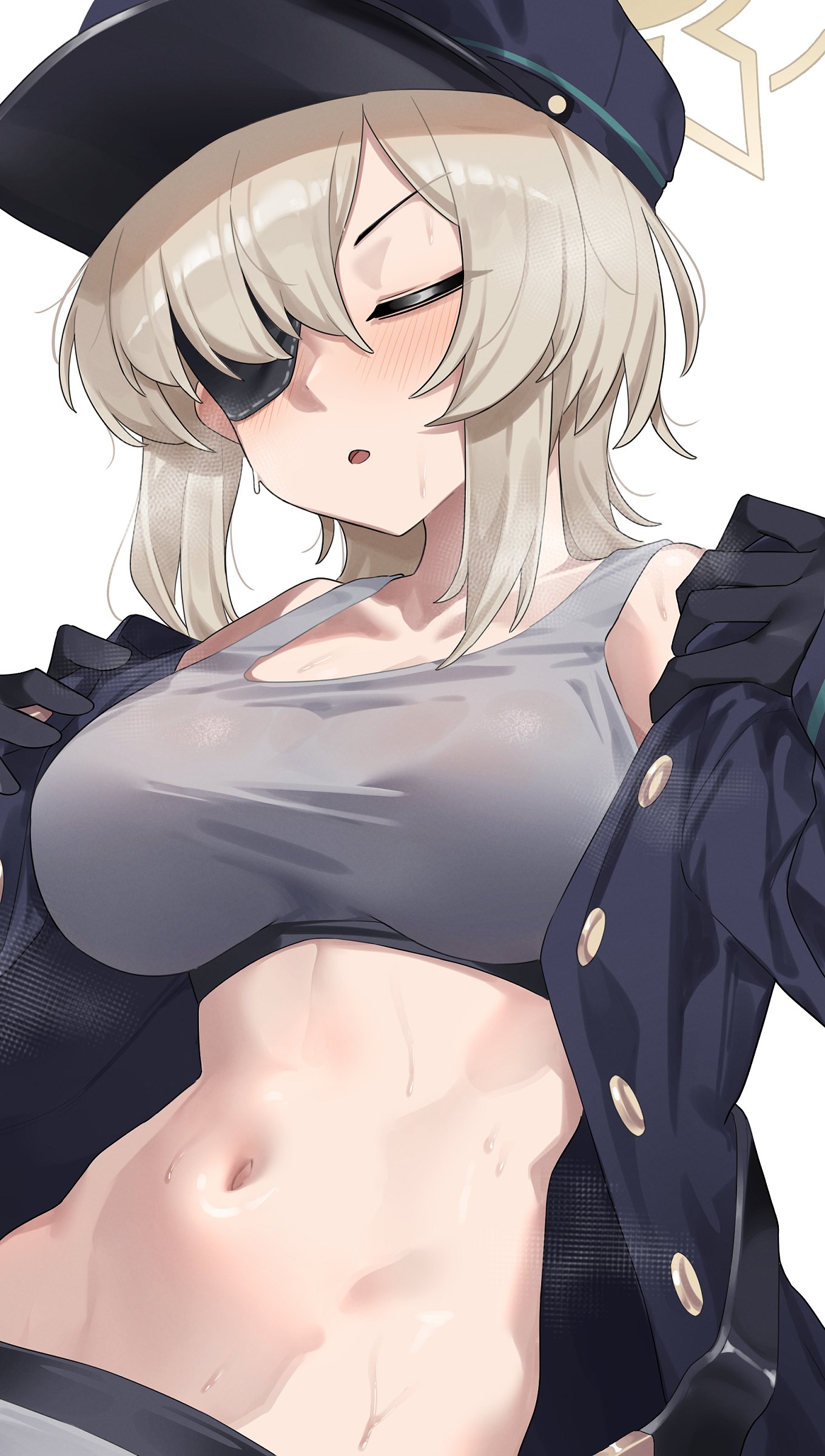 1girls, absurdres, belt, black coat, black gloves, black hat, blue archive, blush, breasts, breath, brown hair, closed eyes, coat, eyepatch, female, gloves, grey panties, grey sports bra, groin, halo, hat, highres, large breasts, medium hair, navel, open mouth, panties, sidelocks, simple background, solo, sports bra, sports panties, stomach, suou (blue archive), sweat, underwear, undressing, upper body, wakamepiza, white background