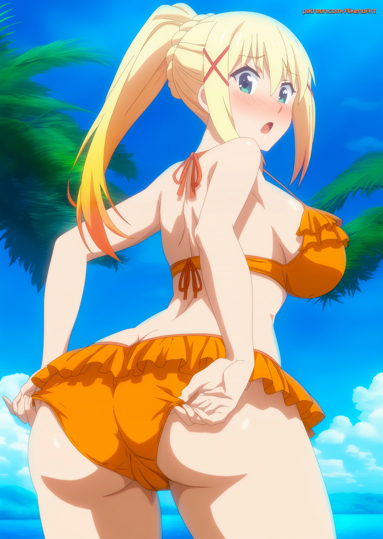 1girls, 2025, ai generated, aikenoart, arms behind back, artist name, big breasts, bikini, bikini bottom, bikini top, blonde hair, blonde-haired female, blue eyes, breasts, breasts bigger than head, curvy, darkness (konosuba), eyelashes, female, female only, from behind, hourglass figure, huge breasts, kono subarashii sekai ni shukufuku wo!, mature female, midriff, mommy, navel, nose, orange bikini, ponytail, posing, seductive, simple background, skindentation, smile, solo, standing, standing in water, sweat, thick, thick thighs, tight clothing, underboob, voluptuous, water, wet, wide hips