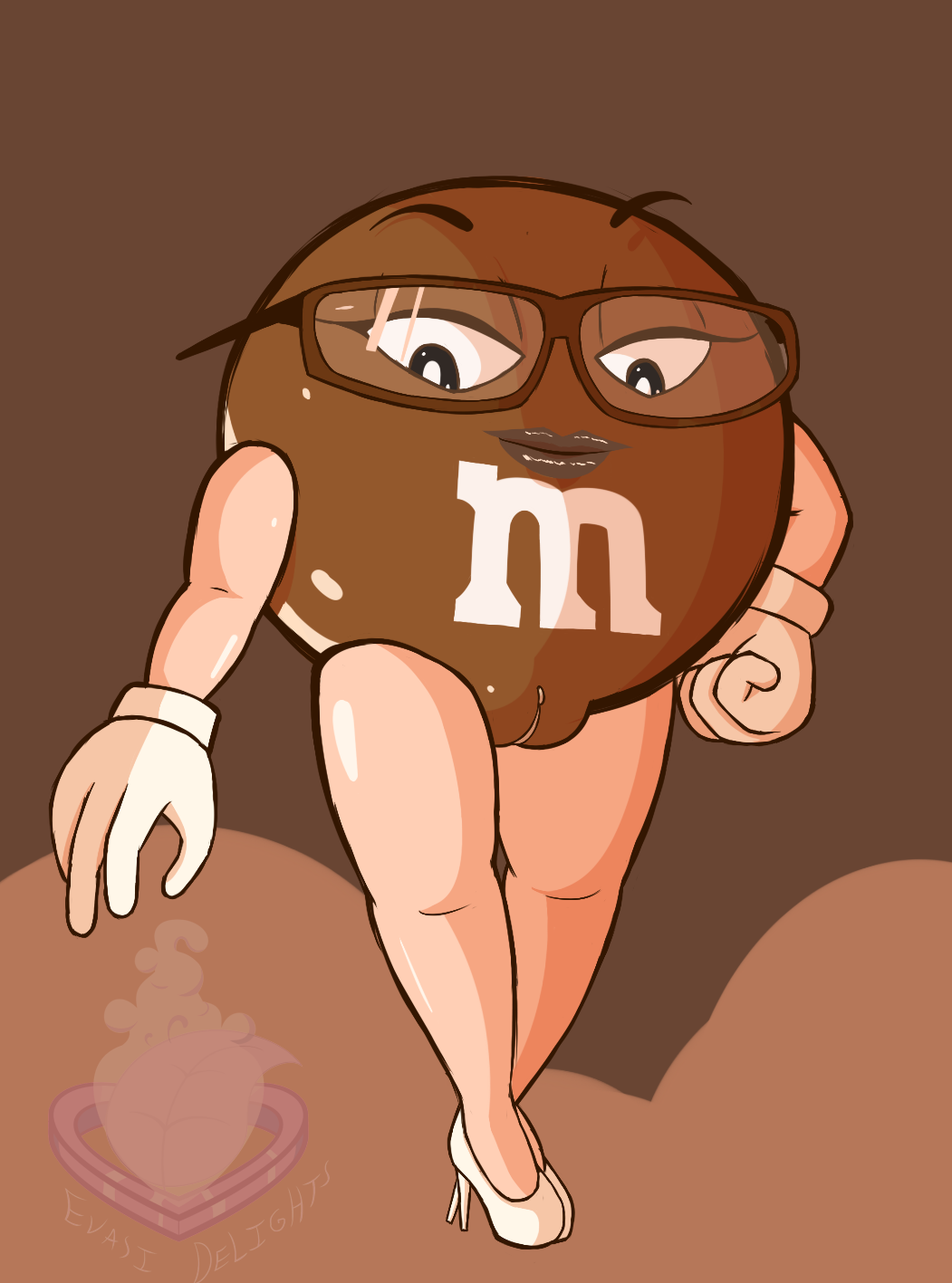 bare_legs bare_thighs candy evasidelights food_creature glasses humanoid legs living_candy living_food m&m's mars_incorporated mascot ms._brown pussy spokescandy thick_thighs thighs waddling_head