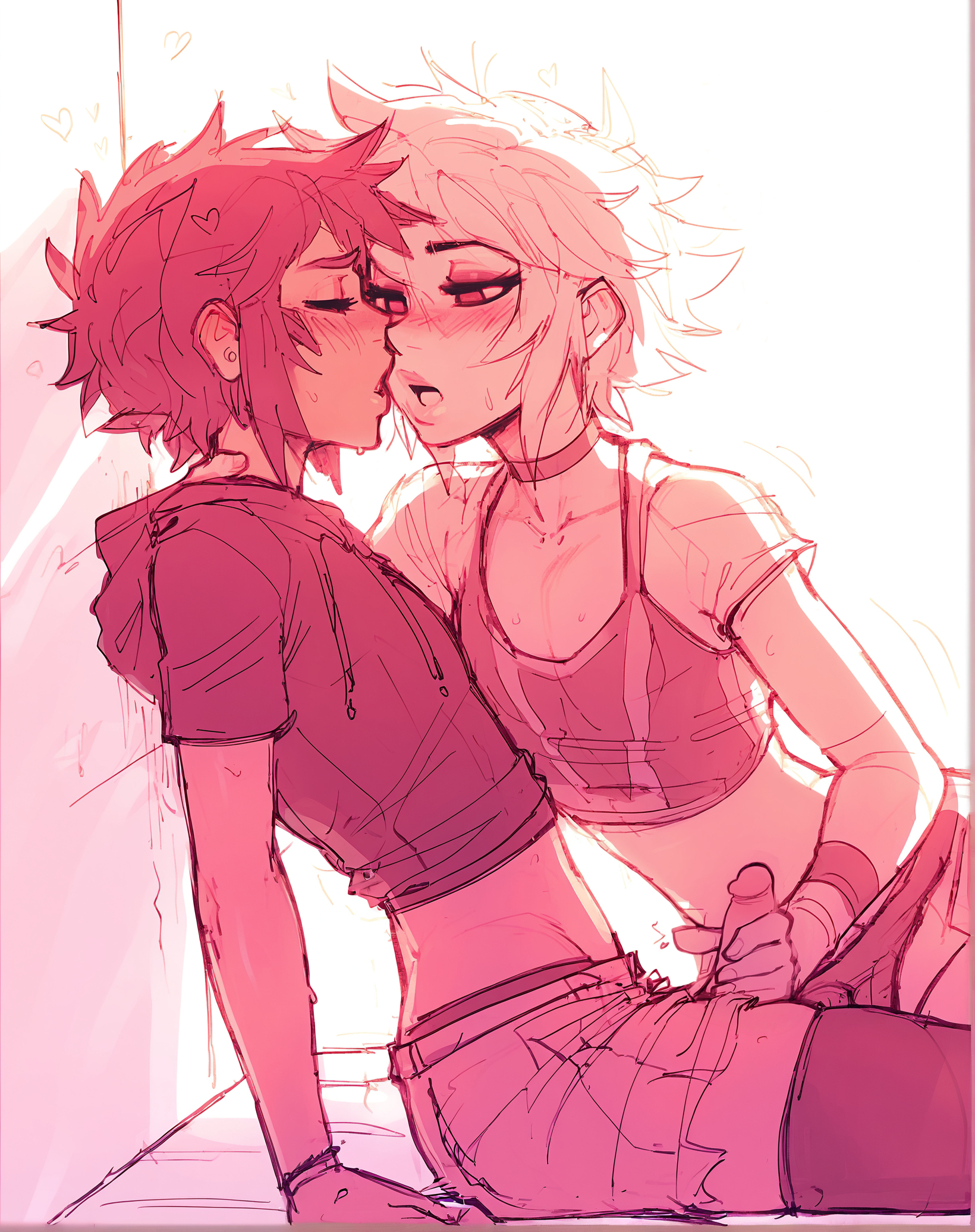 2boys, 2d, ai generated, blush, closed eyes, denim shorts, fakeshit, femboy, femboy on femboy, from side, gay, handjob, limited palette, male, male only, male/male, midriff, narrow waist, otoko no ko, pink theme, shorts, simple background, sissy, thighhighs, torn clothes, torn clothing, white background, yaoi
