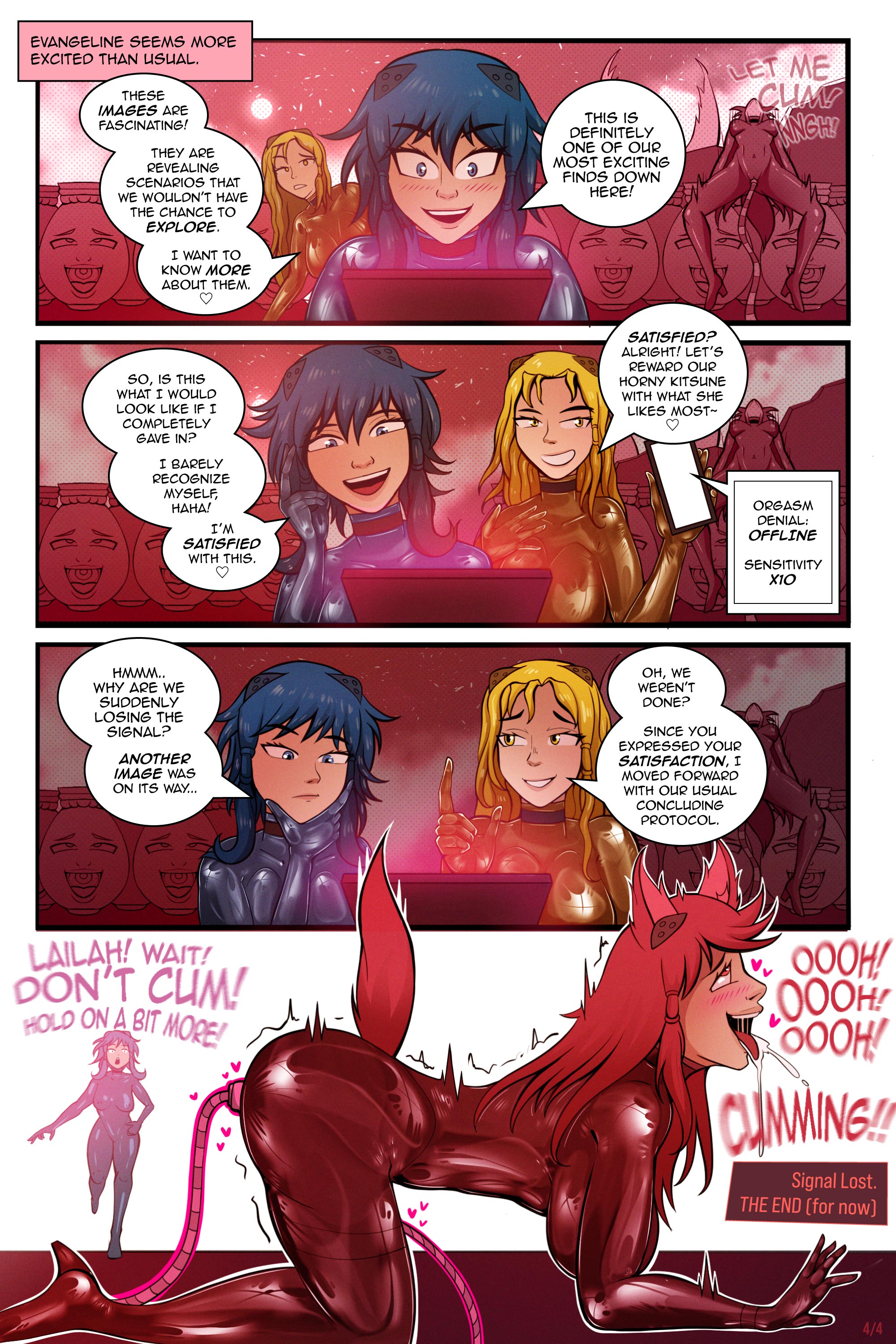 4 panel comic, ahe gao, all fours, charmeine (fetishabyss), climaxing, comic page, dialogue, doggy style, english dialogue, english text, evangeline (fetishabyss), fetishabyss, fetishstudio, kitsune, lailah (fetishabyss), latex, latex suit, orgasm face, original character, original characters, tagme, vibrator