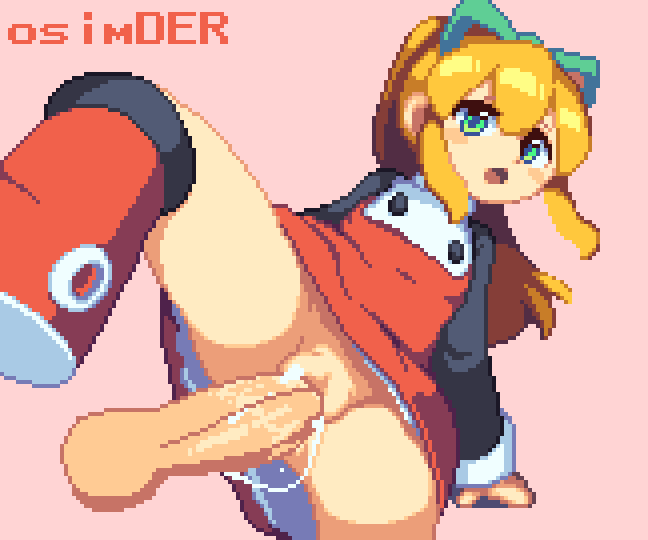 1boy 1girls animated animated_gif blonde_hair blue_bow clothed_sex disembodied_penis edit female male mega_man osimder pixel_animation pixel_art roll sex