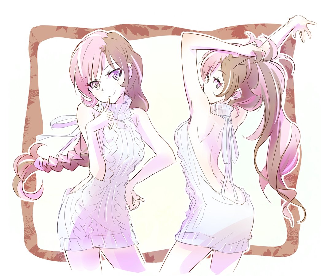 1girls backless_clothes braid hands_over_head heterochromia meme multicolored_hair neo_(rwby) pink_hair rwby smile solo virgin_killer_sweater