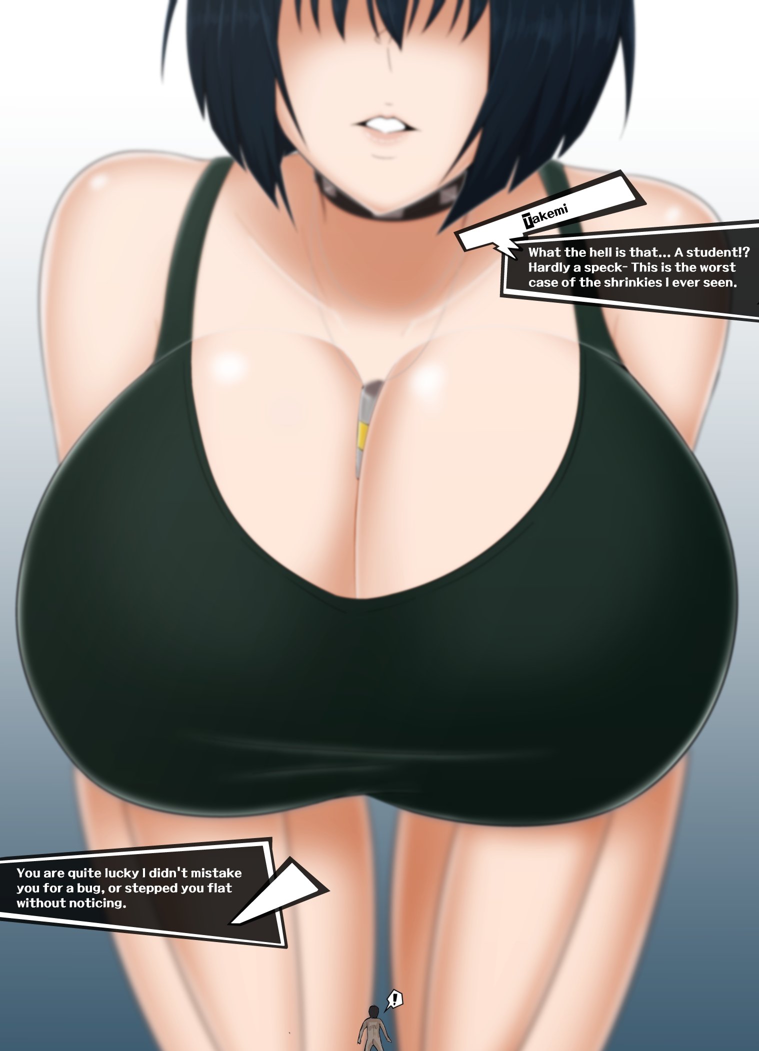 1girls, 2025, anybrody, big breasts, breasts, caption, cleavage, dialogue, dialogue box, eyeless, female, giantess, light skin, light-skinned female, massive breasts, megami tensei, persona, persona 5, shin megami tensei, shrunk, size difference, tae takemi, topwear