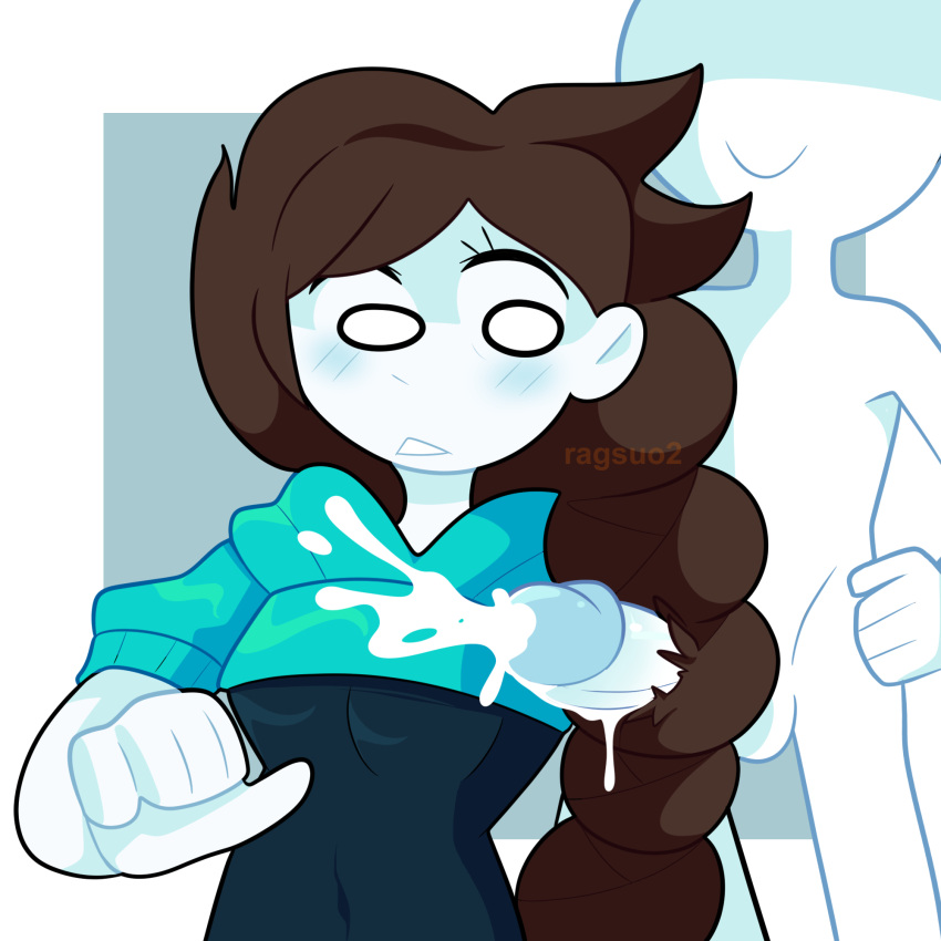1boy, 1girls, 2024, 2d, big penis, brown hair, clothed, clothing, cum, cum on body, cum on hair, cyan void, faceless male, female, hair, hair fetish, hairjob, long hair, male, no penetration, penis, ragsuo2, simple background, skylar (zylerworries4u), surprised, surprised expression, youtube