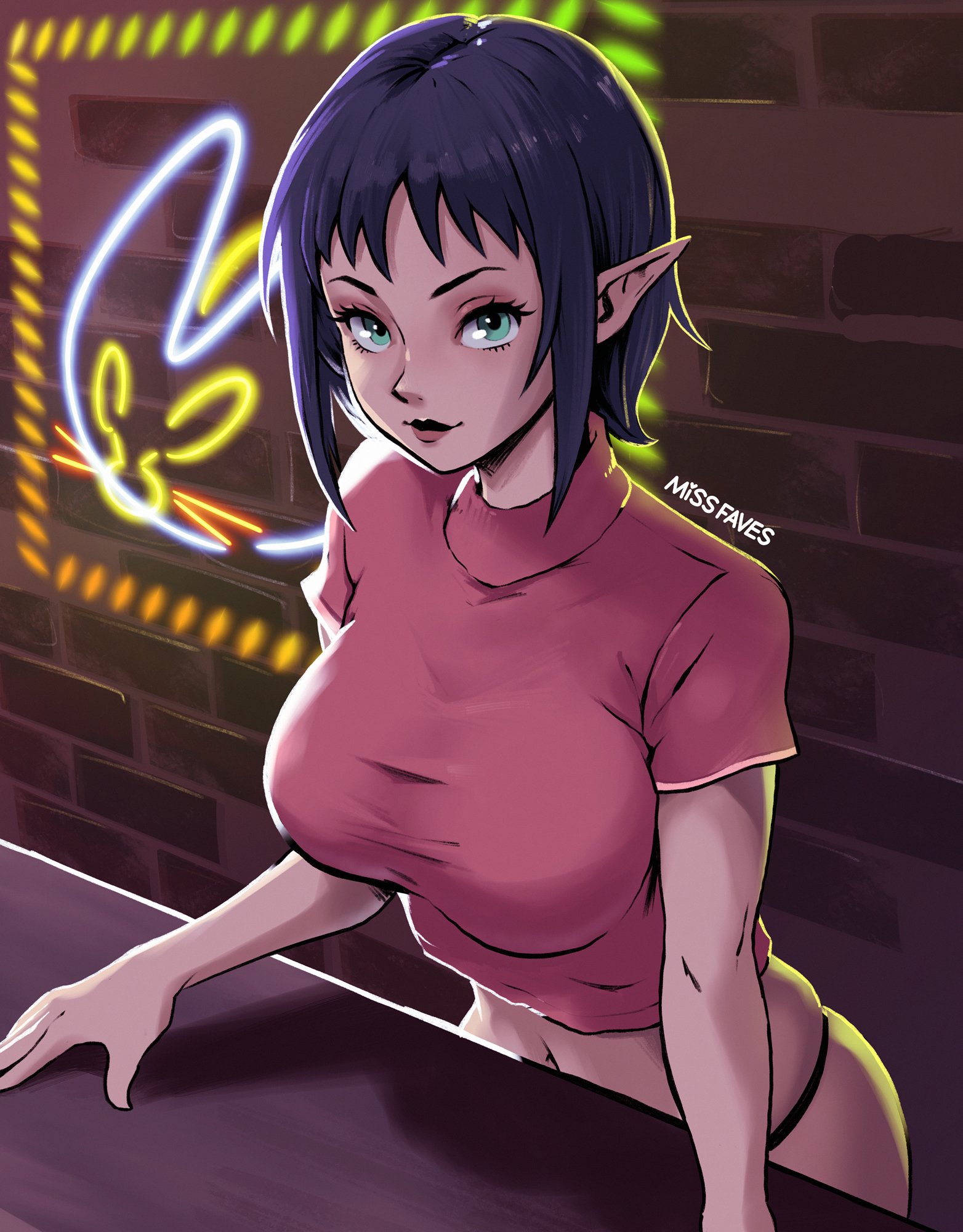 1girls, alternate version available, artist name, ass, big breasts, blue eyes, bombchu lady, breast focus, breasts, breasts focus, busty, closed mouth, counter, crop top, cropped shirt, curvaceous, curvy, curvy female, curvy figure, detailed background, elf ears, eyelashes, female, female focus, female only, highres, hylian, hylian ears, indoors, large breasts, light skin, light-skinned female, long ears, looking at viewer, medium hair, missfaves, navel, nintendo, ocarina of time, pointy ears, purple hair, red lips, sidelocks, skindentation, smile, smiling, solo, solo female, solo focus, standing, tagme, the legend of zelda, thong, twitter username, voluptuous, voluptuous female