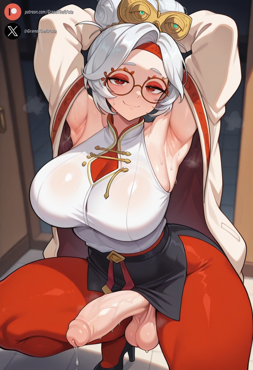 1futa, ai generated, balls, big breasts, big penis, blush, breasts, clothing, cock, dickgirl, erection, foreskin, futa only, futanari, huge cock, indoors, intersex, large breasts, light skin, light-skinned futa, looking at viewer, nintendo, penis, precum, purah, purah (tears of the kingdom), red eyes, roxygtf, smug, solo, sweat, sweating, sweaty, sweaty body, tears of the kingdom, the legend of zelda, uncircumcised, white hair