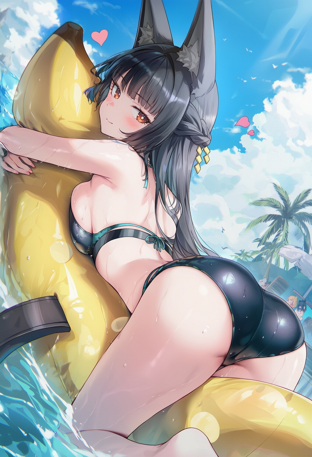 ai generated, ass, ass focus, back view, bikini bottom, bikini top, black hair, curvy body, curvy female, curvy figure, female, female focus, female only, floatie, hoshimi miyabi, laying on stomach, raaicave, wolf ears, zenless zone zero