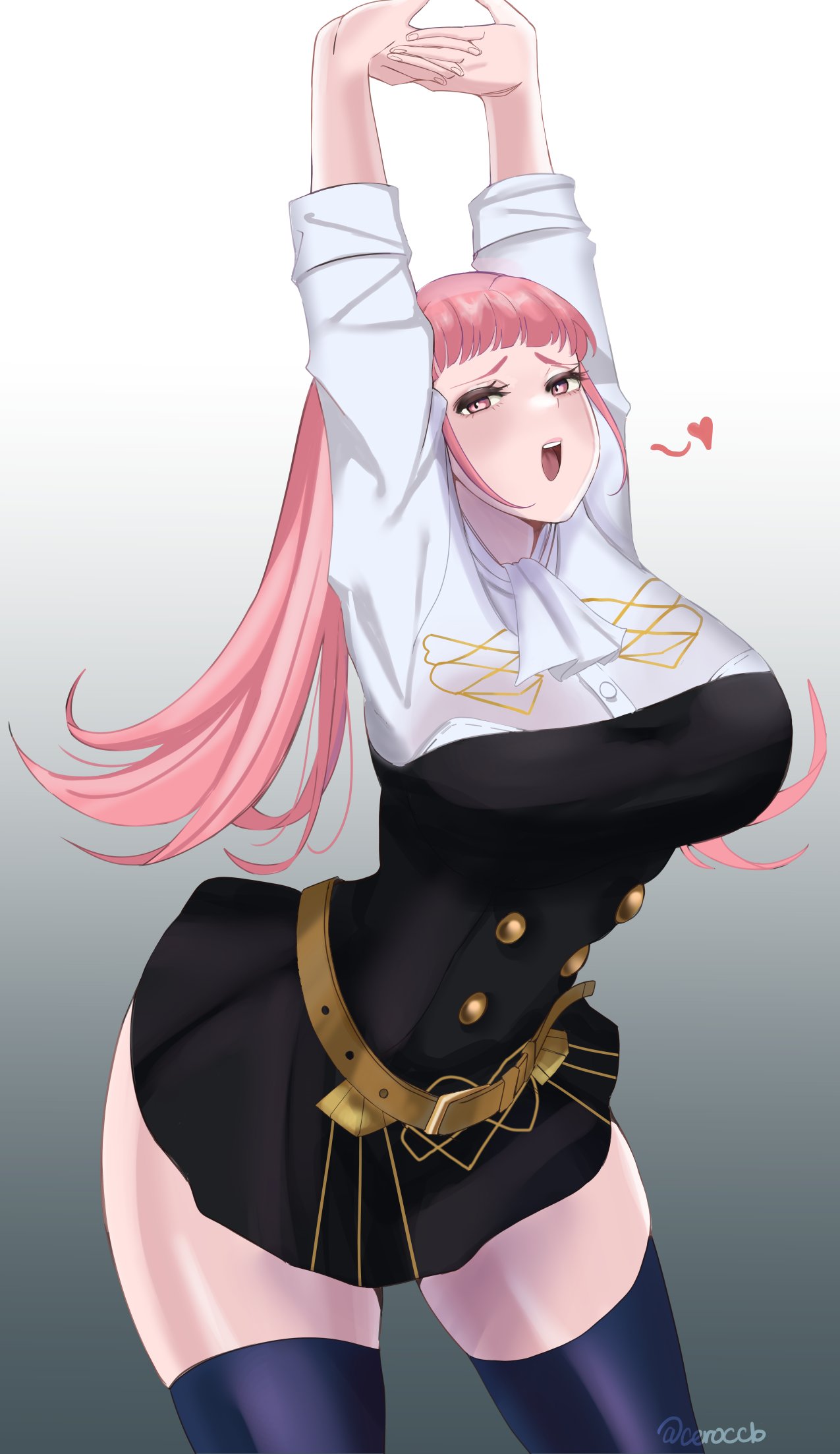 1girls, arms up, big breasts, blunt bangs, blush, breasts, ceroccb, female, female only, fire emblem, garreg mach monastery uniform, hilda valentine goneril, nintendo, pink eyes, pink hair, solo female, standing, stretching, tagme, thick thighs, thighhighs, thighs