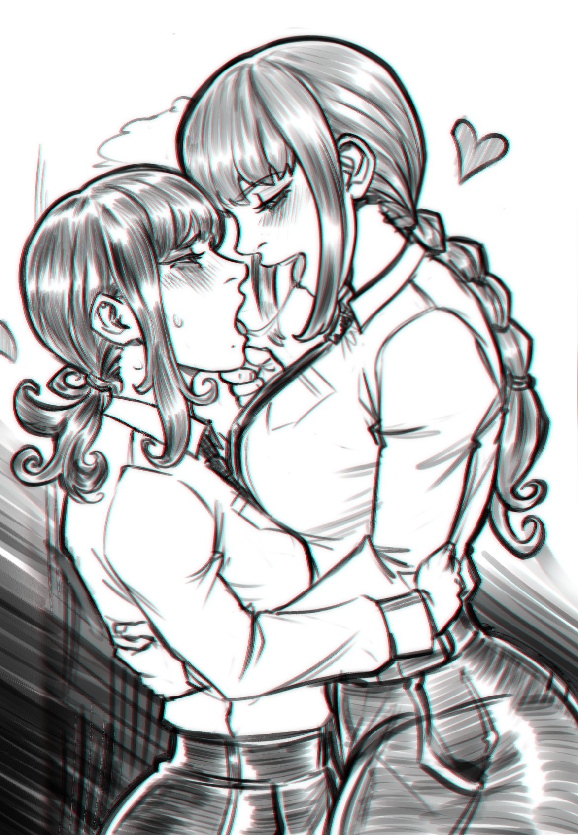 2girls, ass, big ass, big breasts, black hair, breasts, chainsaw man, curvy, female, female only, femdom, femsub, franicman, higashiyama kobeni, kissing, makima (chainsaw man), pants, saliva, saliva trail, shirt, sketch, symmetrical docking, thick thighs, thighs, tie, tied hair, tongue, tongue out, wide hips, yuri