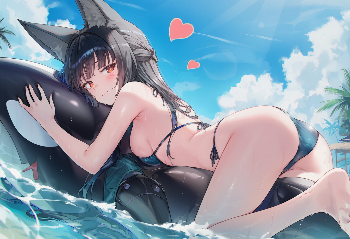 ai generated, ass, ass focus, bikini bottom, bikini top, black hair, female, female focus, female only, floatie, hoshimi miyabi, laying on stomach, raaicave, wolf ears, zenless zone zero