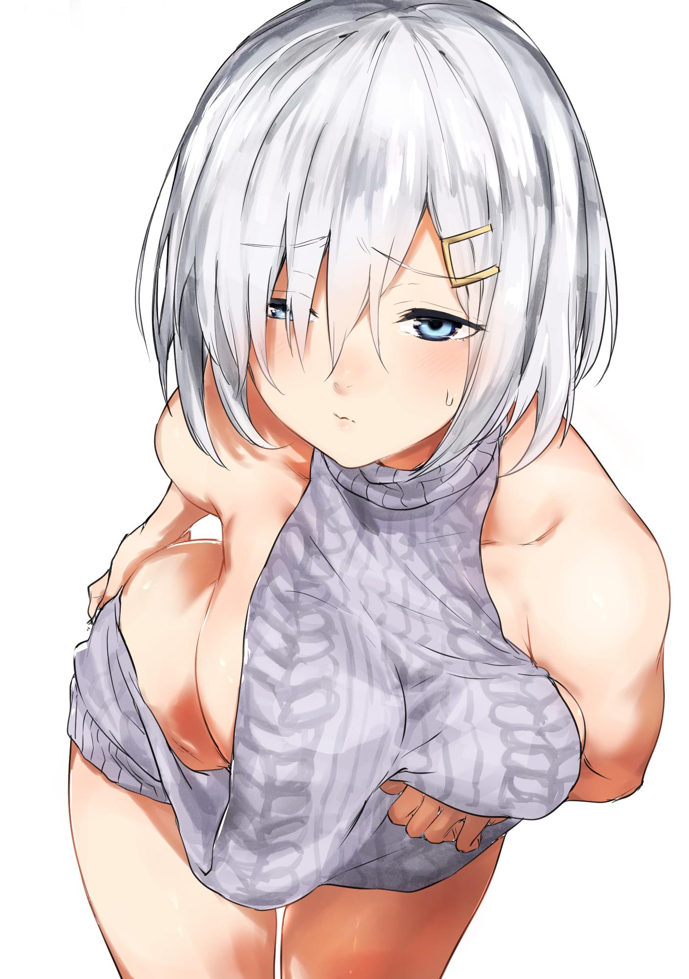 alternate costume, arched back, ass, backless outfit, big breasts, blush, breasts, dress, female, full body, hair over one eye, hamakaze (kantai collection), kantai collection, looking at viewer, meme, short hair, sideboob, silver hair, sweater, virgin killer sweater