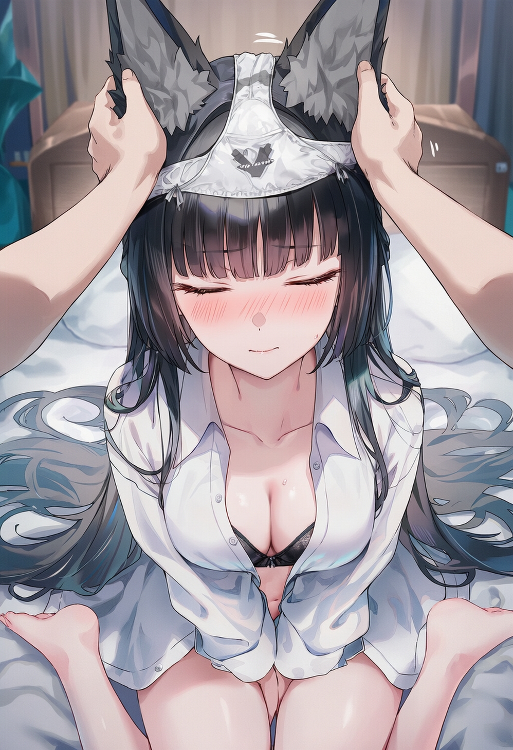 ai generated, black hair, blush, closed eyes, female, female focus, female only, hoshimi miyabi, panties on head, raaicave, sitting on bed, touching ears, wolf ears, zenless zone zero