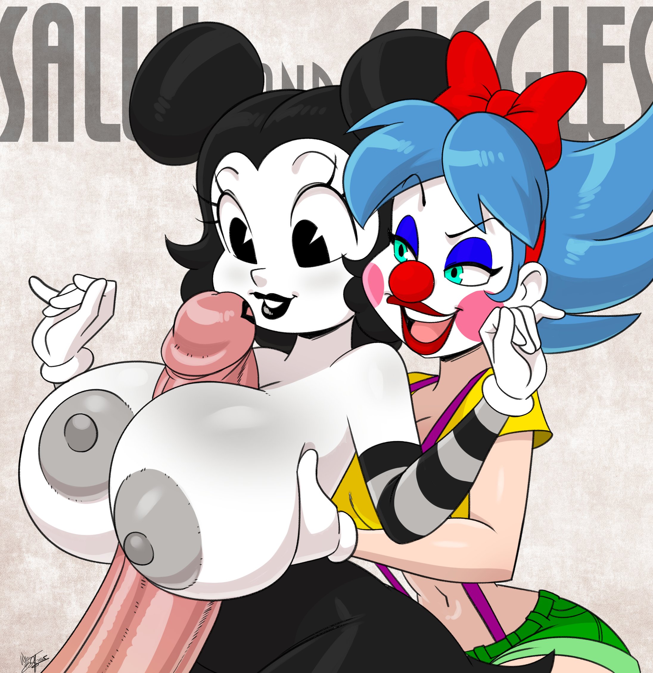 2025, 5 fingers, aeolus06, arm stockings, assisted paizuri, big breasts, big penis, breast grab, breasts, clown, clown girl, crossover, female, giggles the slutty clown, huge breasts, huge cock, joaoppereiraus, lipstick on penis, male, male/female, offscreen male, paizuri, partial male, penis, sally mcboing, threesome, white skin