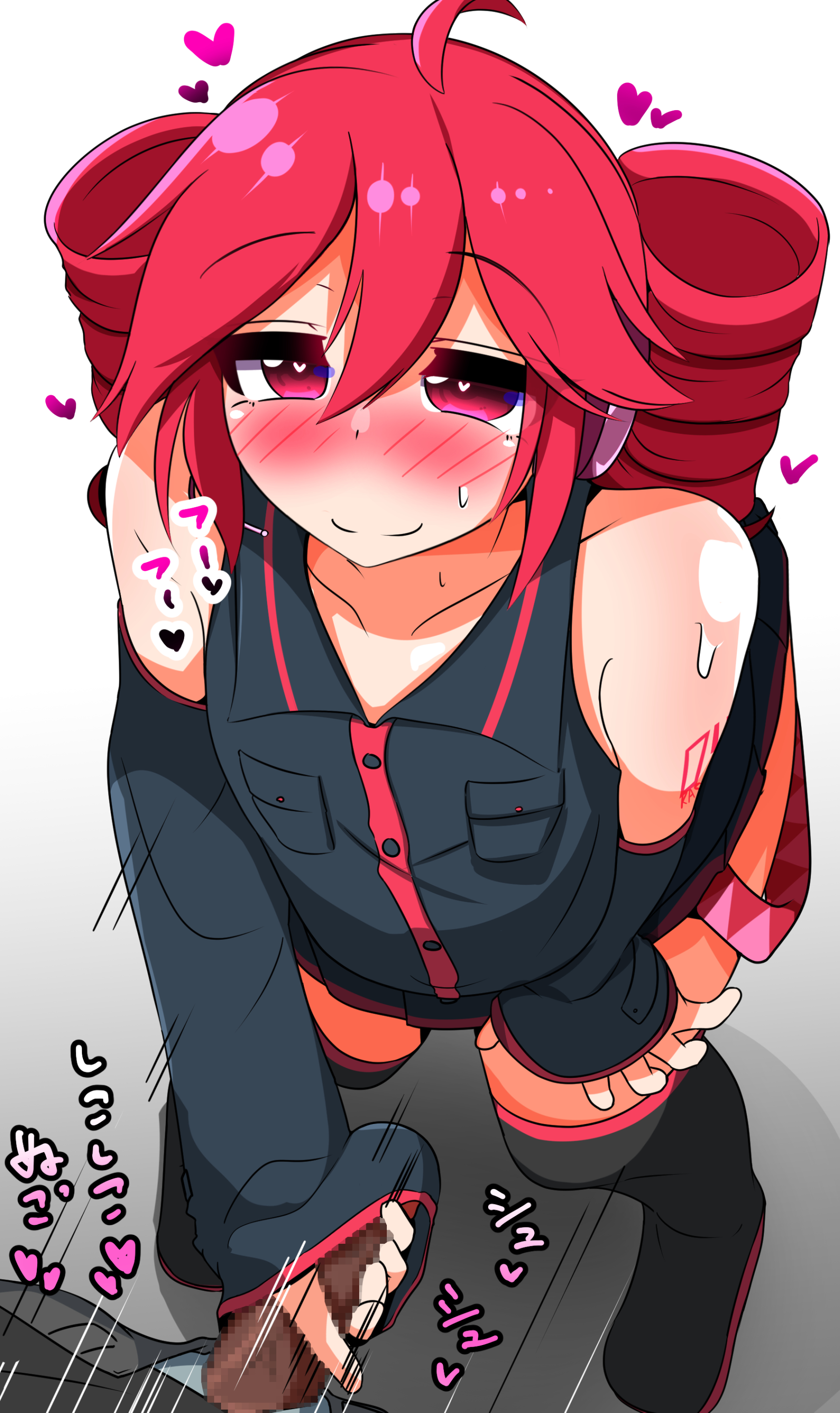 1boy, 1girls, 2d, 2d (artwork), ahoge, blush, blush lines, censored, clothed, clothed female, clothing, detached sleeves, erection, female, fully clothed, hand on thigh, handjob, heart, hearts around head, horny, horny female, japanese text, kasane teto, looking at viewer, looking up, looking up at viewer, maggi (afmagii), magujiyai, male, male pov, mosaic censoring, penis, red eyes, red hair, standing, standing masturbation, straight, sweat, sweating, text, thighhighs, thighs, twin drills, utau, white background