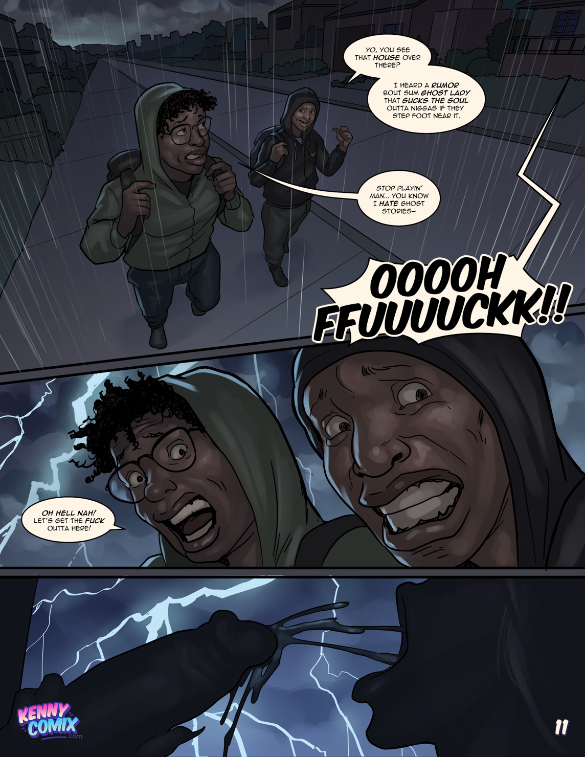 2d, ava parker, big penis, black hair, cum, cum in mouth, cumshot, dark skin, dark-skinned male, english, english text, erect penis, erection, female, glans, glasses, interracial, kennycomix, lipstick, long fingernails, makeup, male, male focus, ms. parker (comic), outdoors, outside, penis, penis grab, raining, riayh, speech bubble, tagme, yair