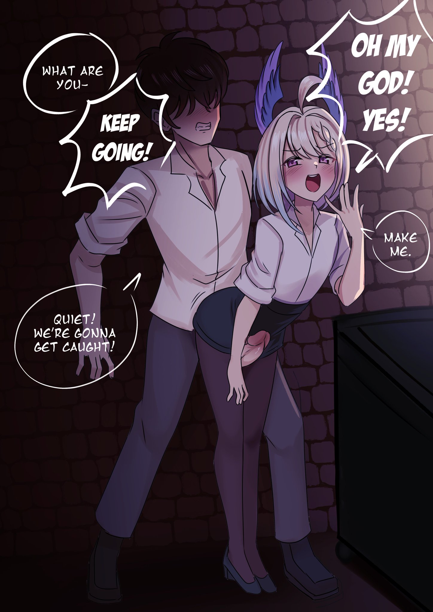 1boy, 1girls, alley, bare penis, big penis, black hair, blue hair, blush, blushing, clothed, cream hair, dialogue, embarrassed, embarrassed male, english text, enna alouette, exposed penis, female, head wings, hi res, highres, looking back, male, nijisanji, nijisanji en, office clothing, office lady, penis, penis between thighs, penis out, purple eyes, screaming, short hair, speech, teasing, teasing penis, text, two-tone hair, virtual youtuber, xanadu avici, xanaduavici