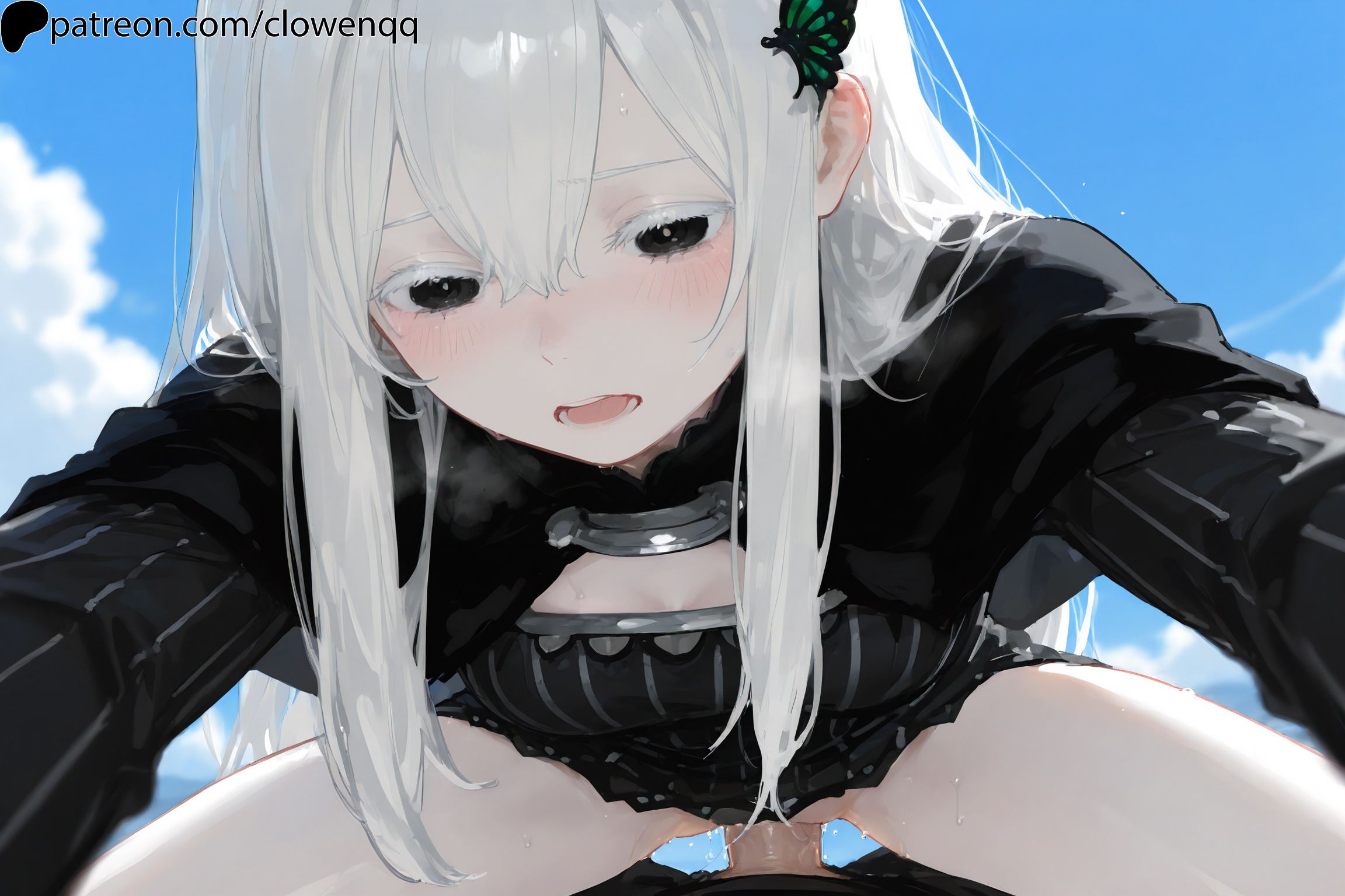 1boy, 1girls, ai assisted, ai generated, black dress, black eyes, blush, clouds, clowenqq, cowgirl position, dress, echidna (re:zero), female, female focus, legs apart, legs spread, light skin, light-skinned female, long hair, male, male penetrating, male penetrating female, male/female, open mouth, pale skin, pale-skinned female, penetration, penis, penis in pussy, pussy, pussy juice, re:zero kara hajimeru isekai seikatsu, sex, sky, spread legs, stable diffusion, thighs, uncensored, vaginal penetration, vaginal sex, white hair