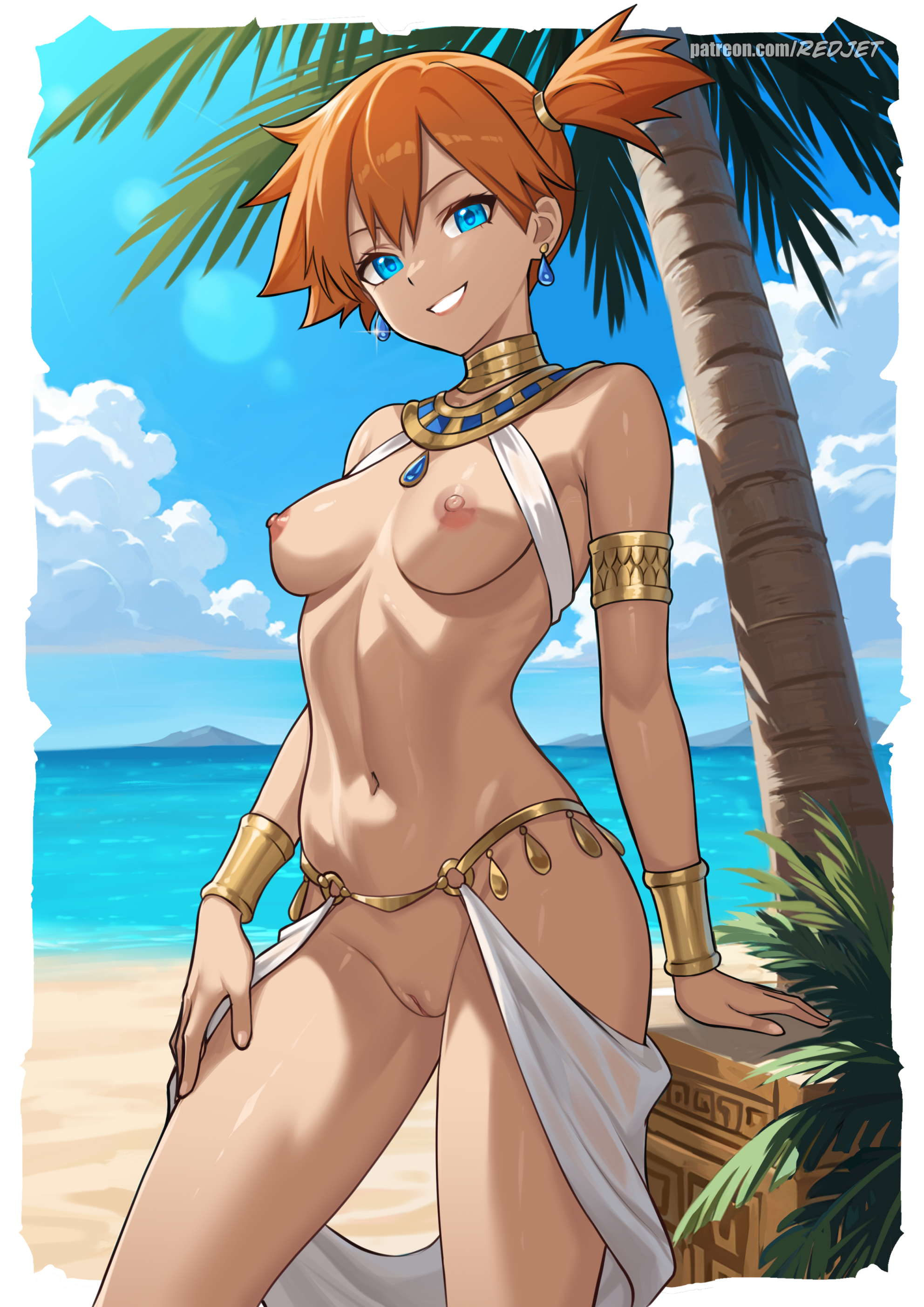 alternative costume, areolae, armlet, asymmetrical hair, bangs, bare shoulders, beach, bikini, blue eyes, blue sky, blush, bracelet, breasts, clavicle, cleft of venus, clothing, cloud, completely nude, dark skin, day, earrings, eyelashes, female, female only, grin, high resolution, jewelry, kasumi (pokemon), large breasts, looking at viewer, medium breasts, navel, necklace, nipples, nude, ocean, orange hair, orange-haired female, outdoors, palm tree, pokemon, pokemon character, ponytail, pussy, redjet, sand, shiny, shiny skin, short hair, side ponytail, sky, smile, solo, standing, stomach, swimsuit, thighs, tied hair, tree, vagina, very high resolution, water