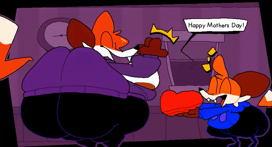 2025, 2d, animated, animated gif, anthro, ass, ass bigger than head, brew dafox (superiorfox), clapping, clapping cheeks, female, fur, furry, giant ass, gif, happy, happy mother's day, hyper ass, milf, mother and son, mothers day, no incest, no sound, present, size difference, soups (superiorfox), superiorfox