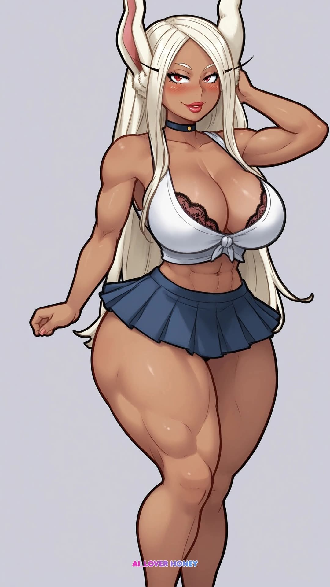1girls, abs, ai generated, ai loverhoney, big breasts, boku no hero academia, bra, breasts, brown skin, brown skinned female, bunny ears, bunny girl, cleavage, curvaceous, curvy female, eyes, female, female only, large breasts, looking at viewer, miniskirt, miruko, muscular, muscular arms, muscular female, muscular thighs, my hero academia, posing, red eyes, rumi usagiyama, seductive, seductive pose, thick, thick thighs, voluptuous, voluptuous female, white hair, wide hips