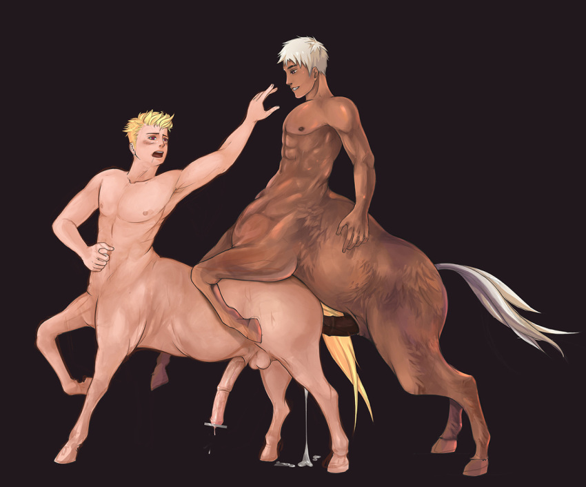 2boys abs anal anal_sex balls blonde_hair censor_bar centaur cum cum_dripping duo from_behind horse horse_penis male male_only multiple_boys muscular muscular_male namjalicious penis pointless_censoring red_eyes tail taur white_hair yaoi