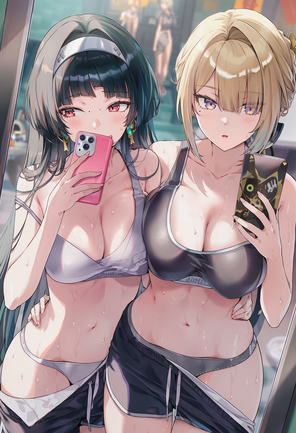 2girls, ai generated, astra yao, black hair, blonde hair, evelyn chevalier, female, female focus, female only, gym uniform, mirror selfie, pants down, phone camera, raaicave, sportswear, sweating, sweating female, zenless zone zero