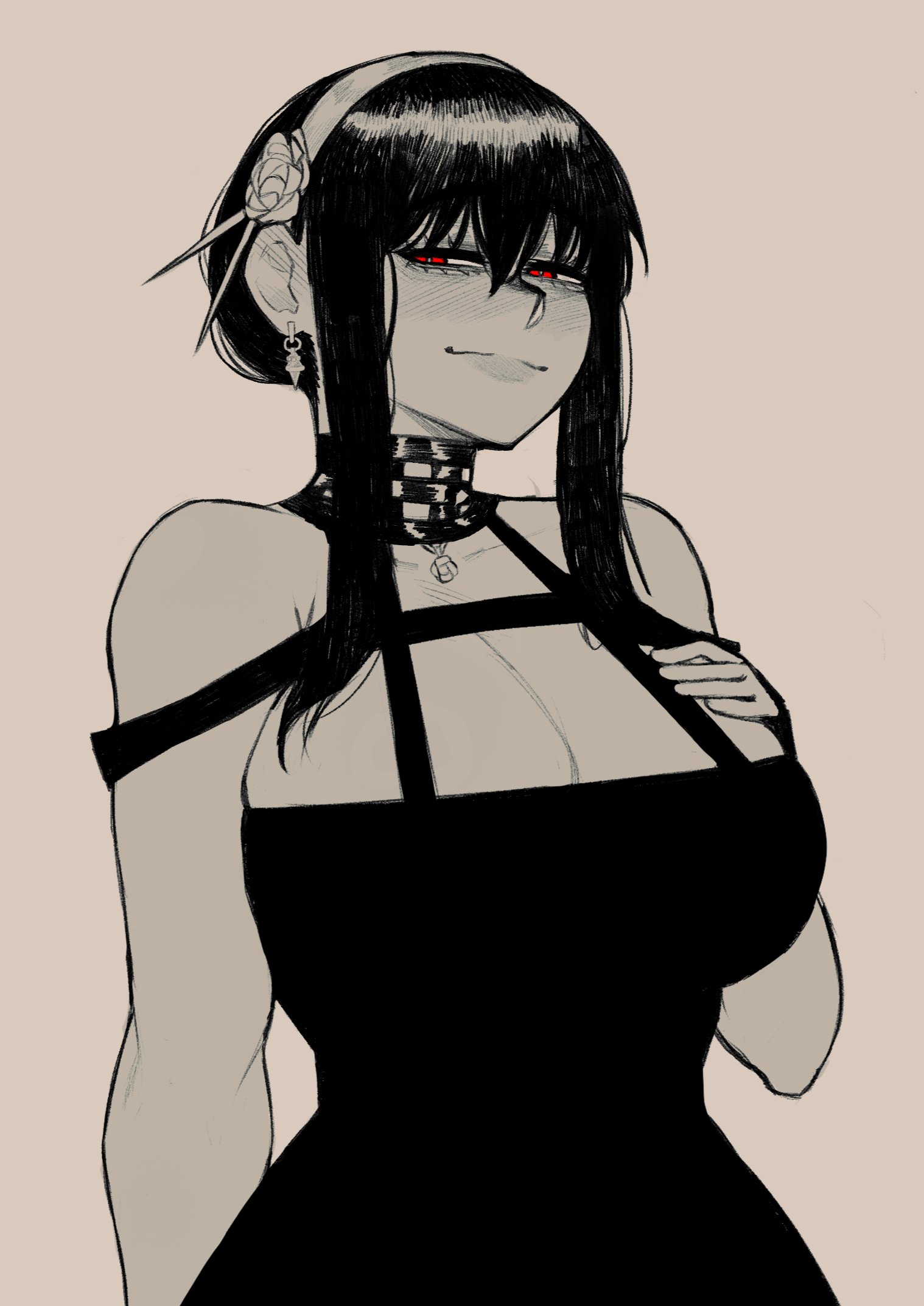 1girls, assassin, big breasts, black dress, blush, breasts, cleavage, collarbone, cullieon, dress, earrings, female, female human, female only, gold hairband, hair behind ear, hairband, half-closed eyes, hand on own chest, highres, hourglass figure, human, jewelry, large breasts, looking to the side, monochrome, red eyes, slim waist, smile, solo, spot color, spy x family, thorn princess, wide hips, yor briar, yor forger