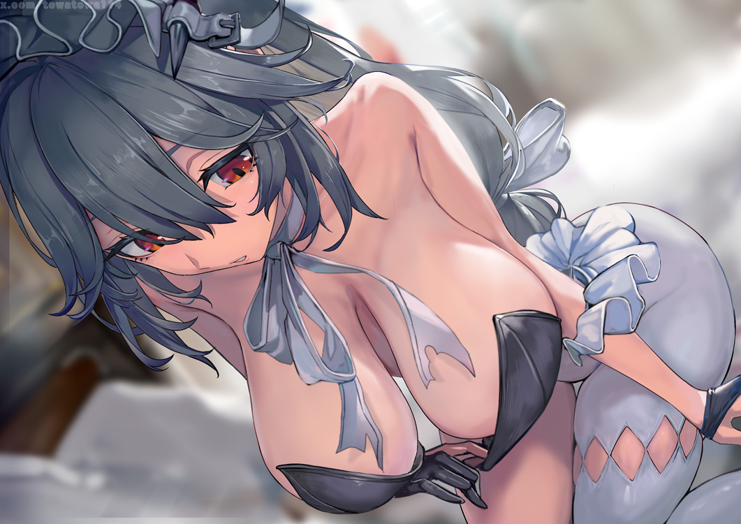 alexandrina sebastiane, areola slip, breasts, collar, expressionless, female, huge breasts, leotard, on bed, ribbon, sagging breasts, towatowa114, undressing, watermark, zenless zone zero