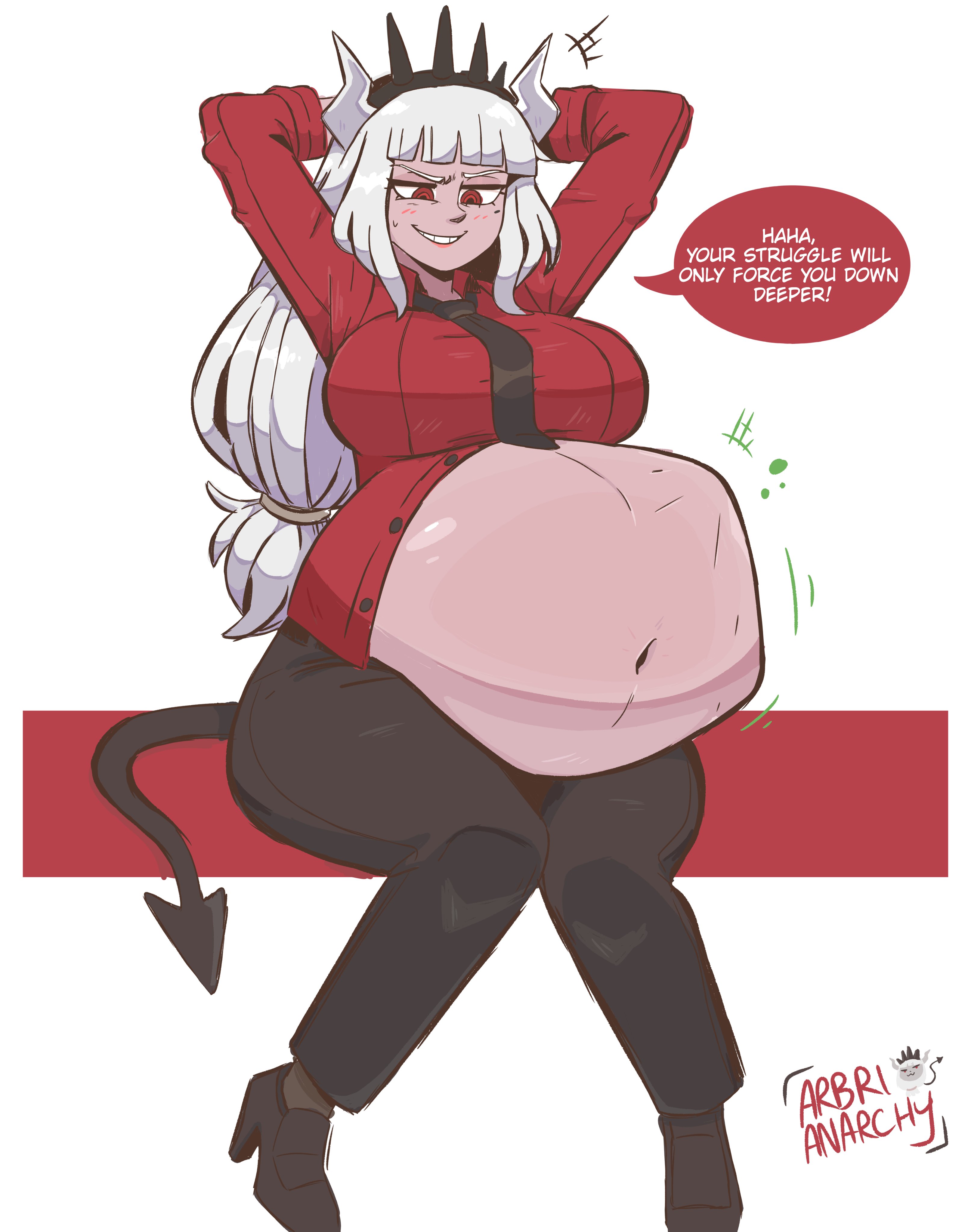 arbrianarchy, black tie, crown, english dialogue, english text, female, helltaker, horns, lucifer (helltaker), red eyes, vore, vore belly, white background, white hair, woman, word balloon