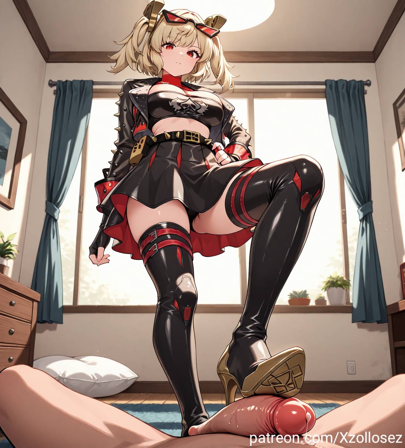ai generated, blonde hair, breasts, burnice white, female, femdom, footjob, from below, glasses, glasses on head, large breasts, large penis, male, patreon, penis, precum, red eyes, short hair, xzollosez, zenless zone zero