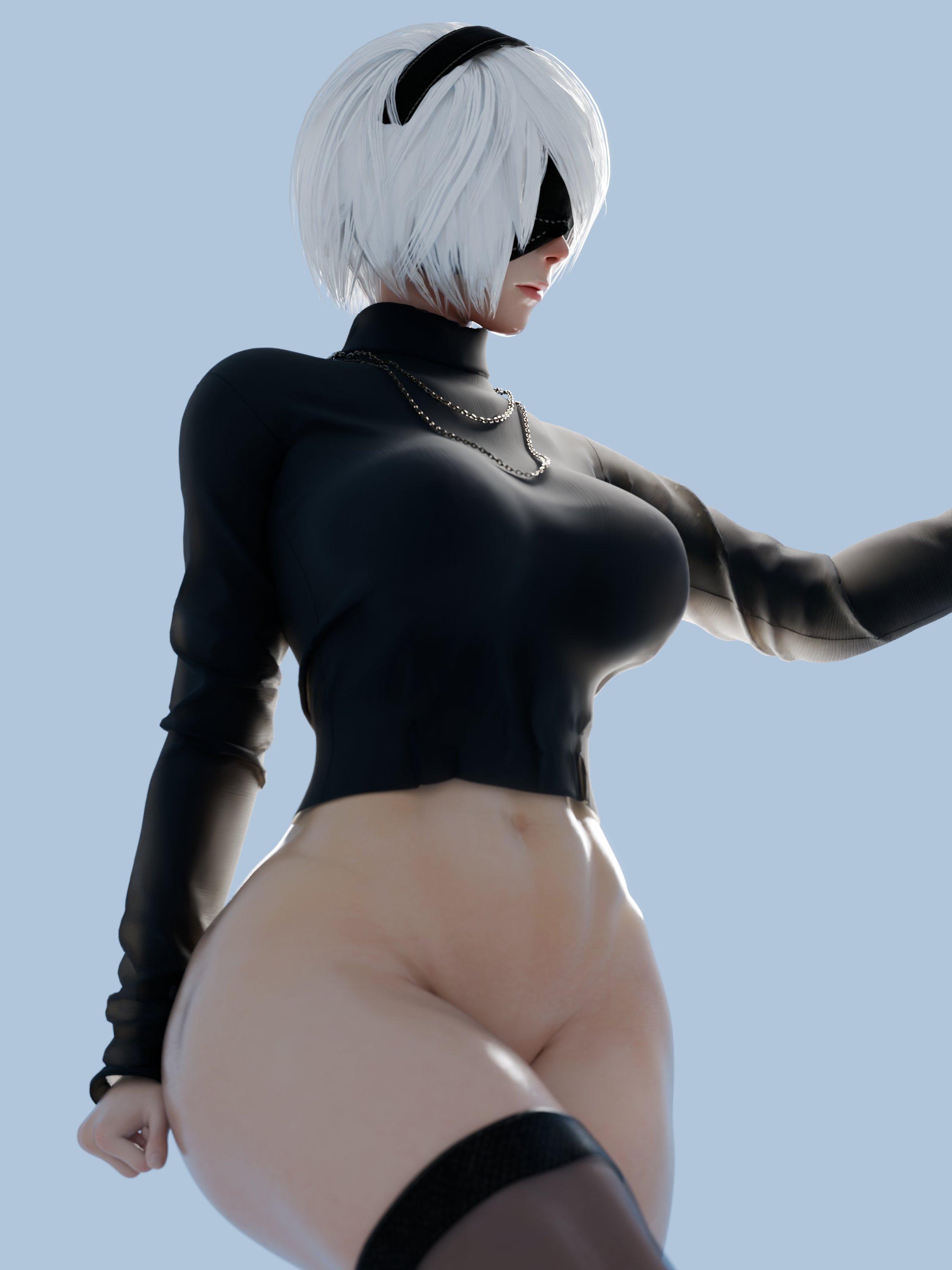 1girls, 3d, 3d (artwork), big breasts, black blindfold, black shirt, blindfold, bottomless, bottomless female, breasts, bubblebubbleb, female, female focus, female only, large boobs, large breasts, nier, nier (series), nier: automata, robot, robot girl, shirt, solo, solo focus, thick thighs, thighs, video game character, walking, white hair, white-haired female, yorha 2b