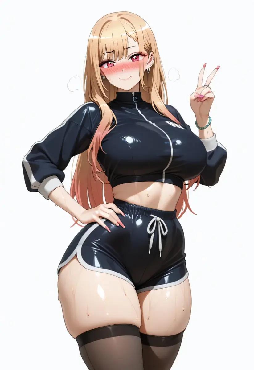 1girls ai_generated female kitagawa_marin latex long_hair shorts shy smile solo sono_bisque_doll_wa_koi_wo_suru stockings