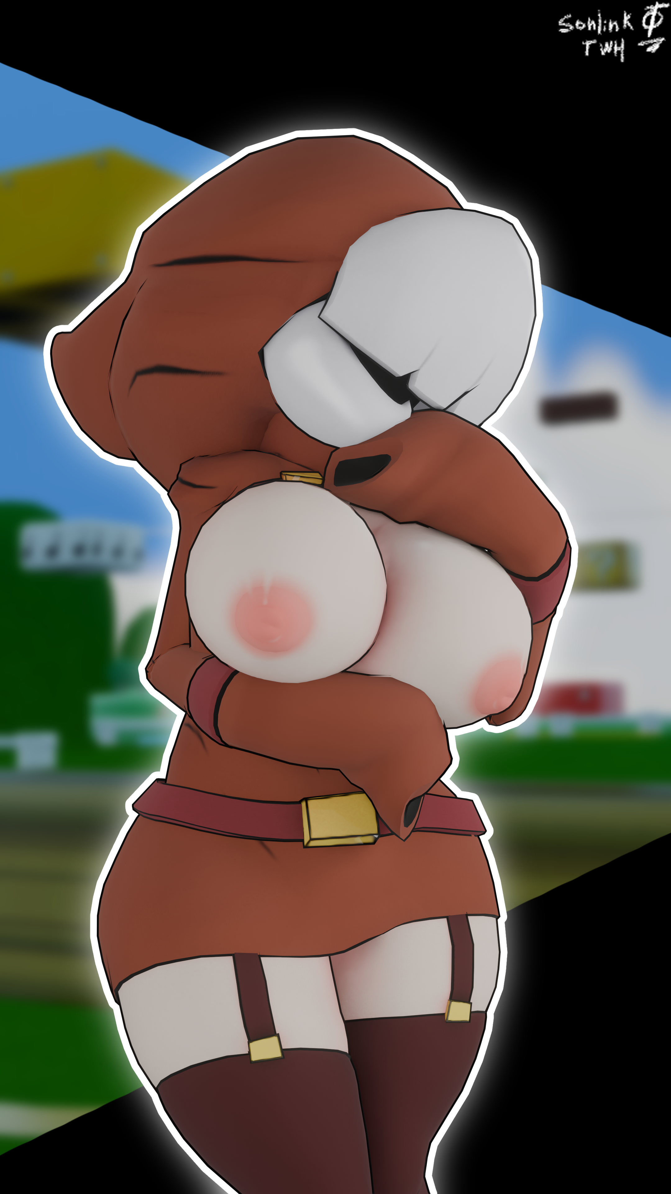 3d (artwork), absurd res, big breasts, breasts, clothed, detailed background, embarrassed, exposed breasts, female, goomba, mario (series), partially clothed, partially nude, shy, shy gal, solo, sonlink, super mario bros., white hair