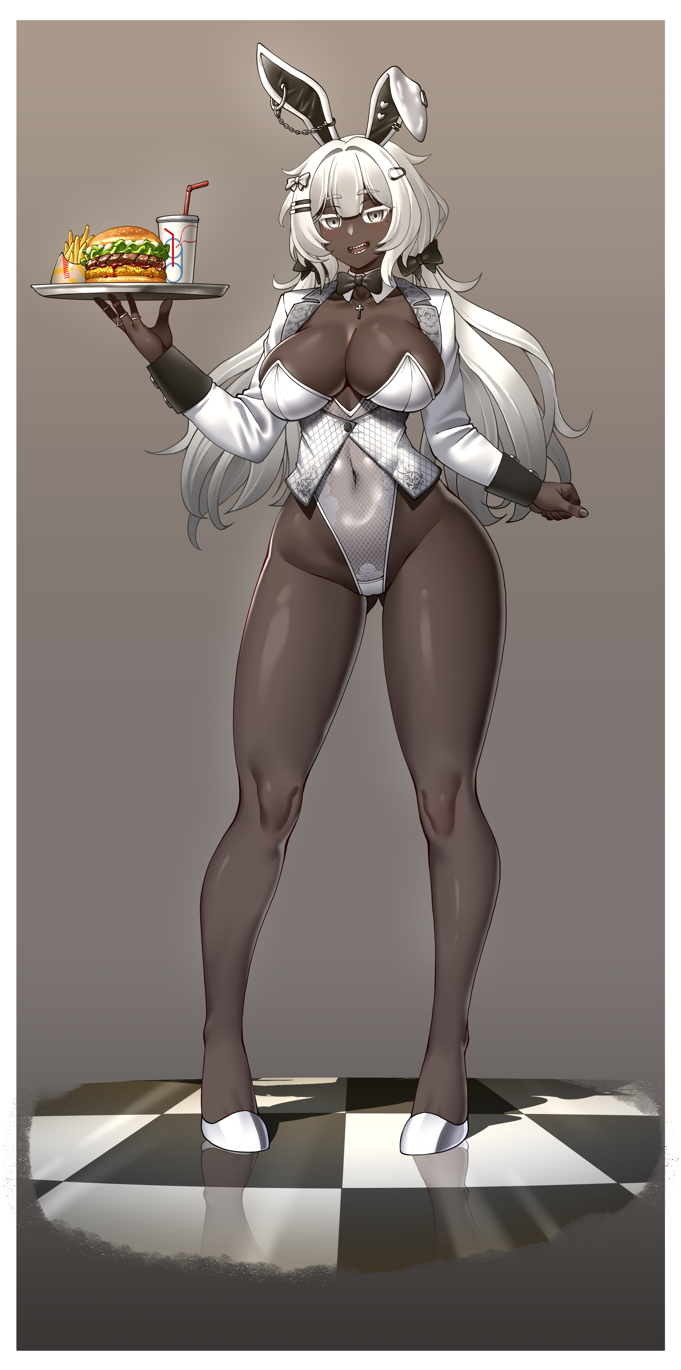 1girls, belly button, big breasts, breasts, bunny ears, bunny girl, bunnysuit, burger, choker, dark skin, dark-skinned female, female, female only, heel boots, high heels, hitch (hitch driessen/perotoss400/kirochef), long hair, mouth open, original, original character, solo, solo female, thick thighs, thighs, twintails, waitress, white eyes, white hair