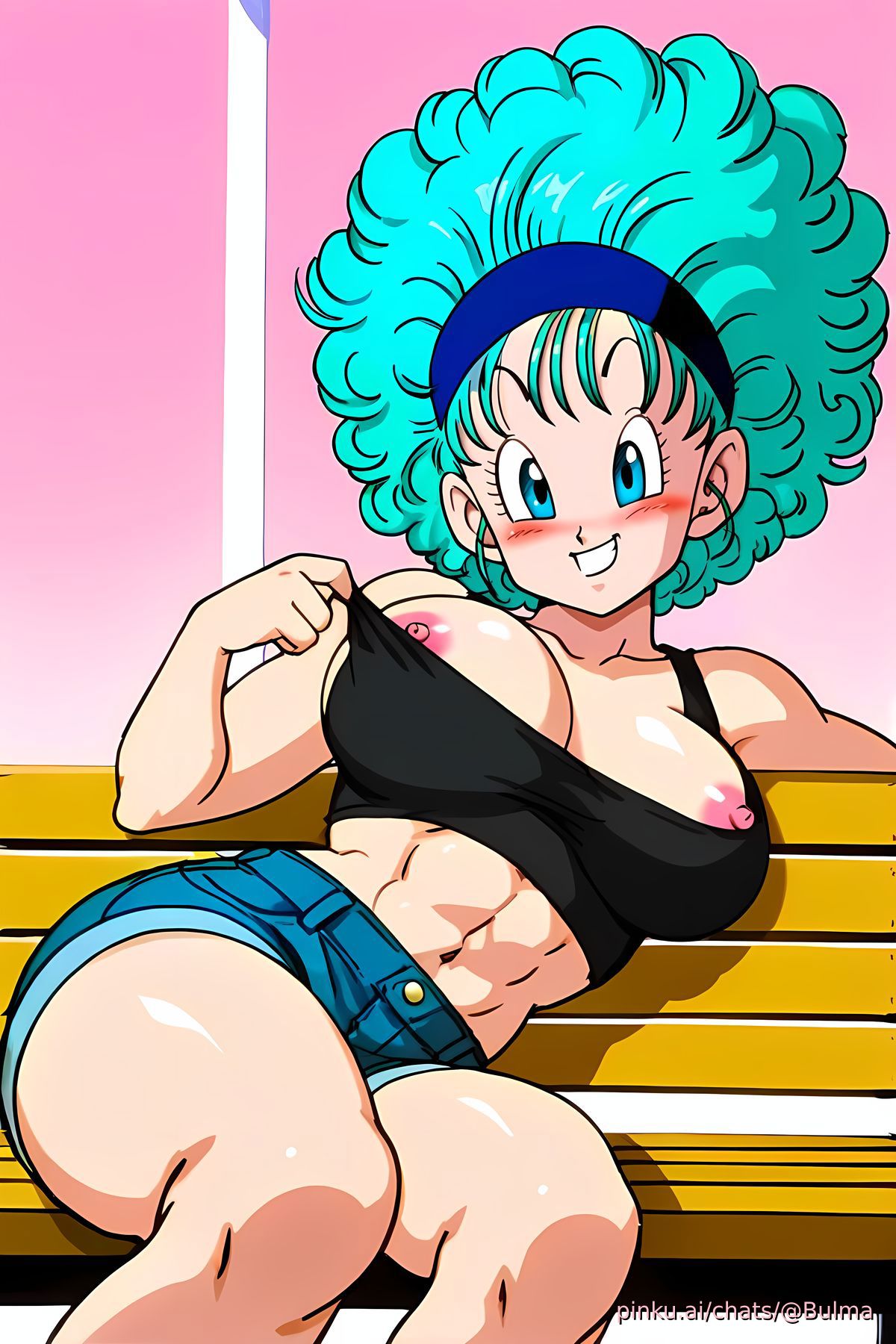 afro, ai generated, blue hair, blush, bulma briefs, denim shorts, dragon ball, female, lifting shirt, nipple slip, nipples, pinku.ai, six pack, smile, teasing, thick thighs, toned, toned female