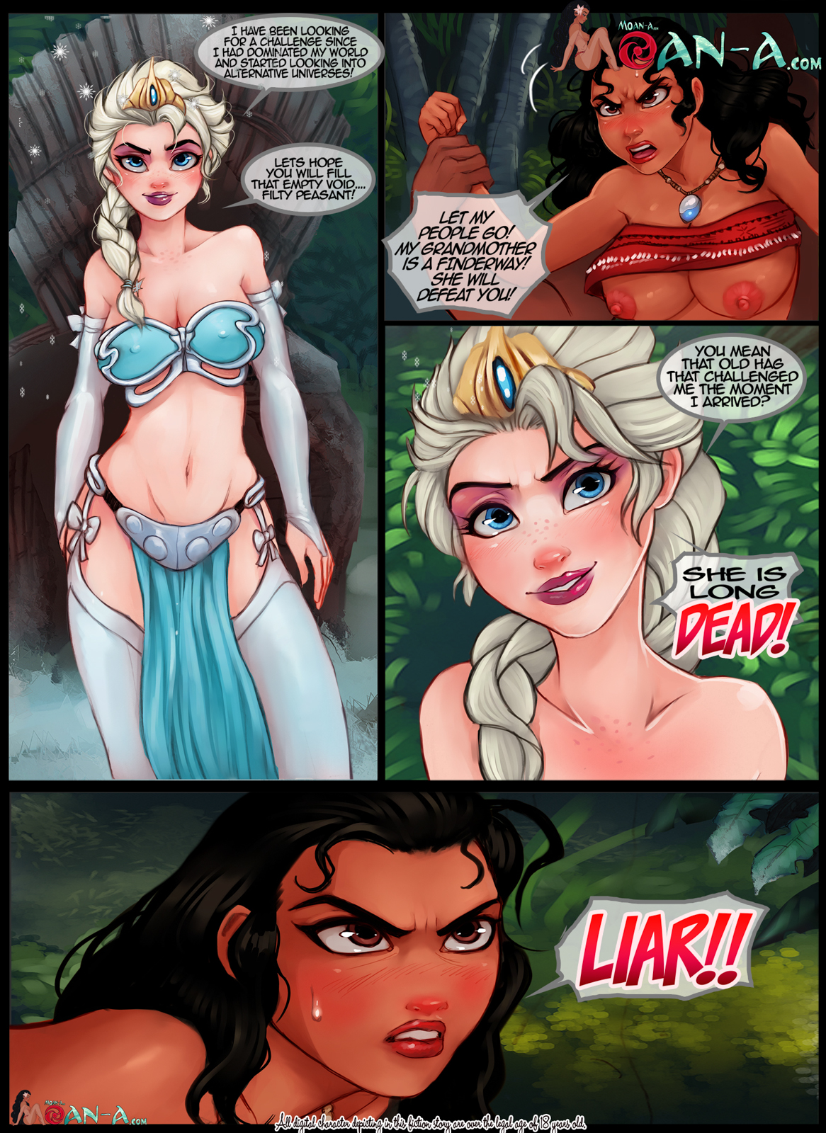 bare shoulders, barefoot, belly, black hair, blonde, blue eyes, breasts, brown eyes, chesare, cleavage, comic, competition, covered breasts, crossover, crown, dark skin, dark-skinned female, dark-skinned male, disney, disney princess, elbow gloves, elsa (frozen), english text, erect nipples, feet, female, frozen (film), garter straps, germanic, gloves, high heels, high resolution, hips, interracial, jewelry, large breasts, legs, lingerie, long hair, male, midriff, moana, moana waialiki, multiple females, multiple girls, navel, necklace, nipple bulge, nipples, northern european, pacific islander, pale skin, petite, pokies, polynesian, raceplay, restrained, shoes, sideboob, skirt, stockings, strap, tattoo, teenage female, teenager, text, thighhighs, thighs, toes, topless, underboob, underwear, young