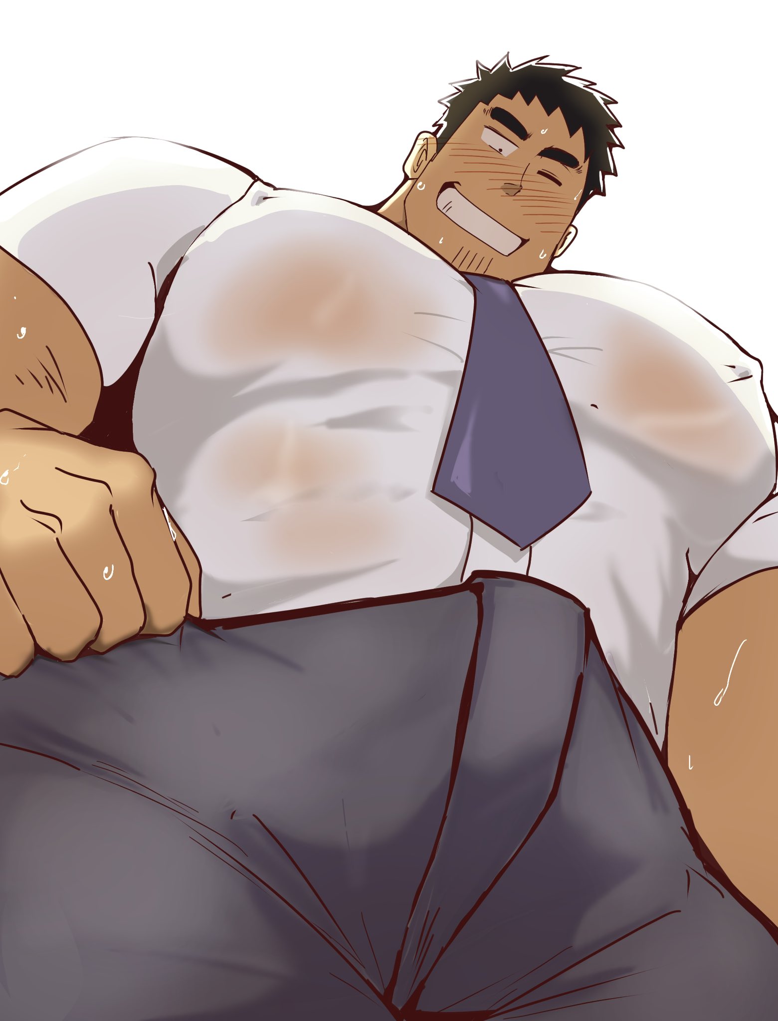 balls, bara, big pecs, blush, boner, bulge, clothing, erection, erection under clothes, fully clothed, gay, kaeru333938123, low-angle view, male, male only, muscles, muscular, pecs, penis, senpai ga uzai kouhai no hanashi, solo, solo male, sweat, sweating, takeda harumi, worm's-eye view, yaoi