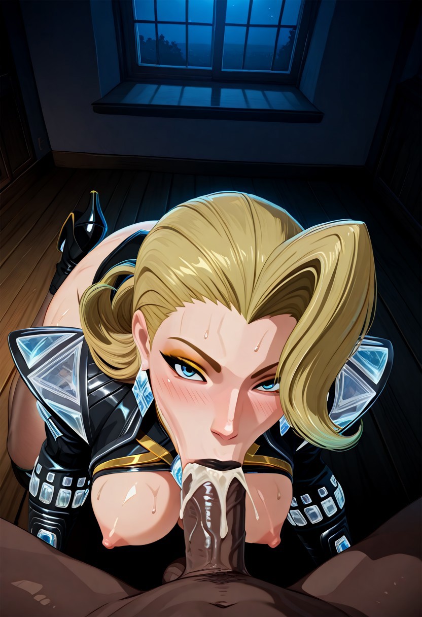 ai generated, akaz123, blowjob, blowjob face, breasts, cum in mouth, dark skin, dark-skinned male, drooling, emma frost, emma frost (marvel rivals), emma frost (x-revolution), female, horny female, huge breasts, interracial, looking at viewer, male, marvel, marvel comics, marvel rivals, mature female, pov, seductive look, seductive mouth, steaming body, sweating, vacuum blowjob, vacuum fellatio