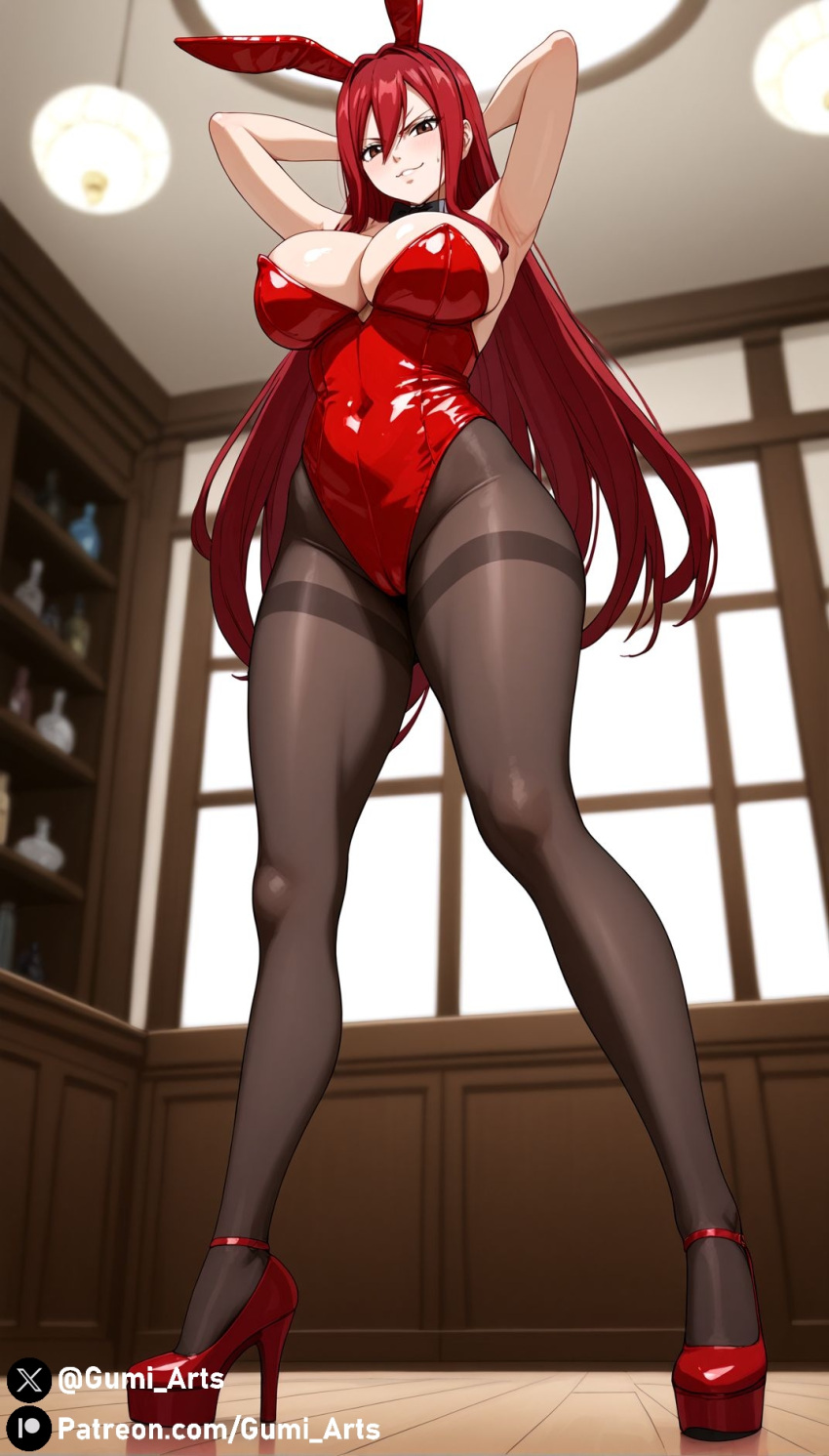 1girls, ai generated, breasts, brown eyes, bunny ears, bunnysuit, covered pussy, crop top, erza scarlet, fairy tail, female, from behind, from below, gumi arts, high heels, huge breasts, indoors, jeans, large breasts, naughty face, pantyhose, platform heels, pussy, red hair, red-haired female, stable diffusion, standing, wide hips