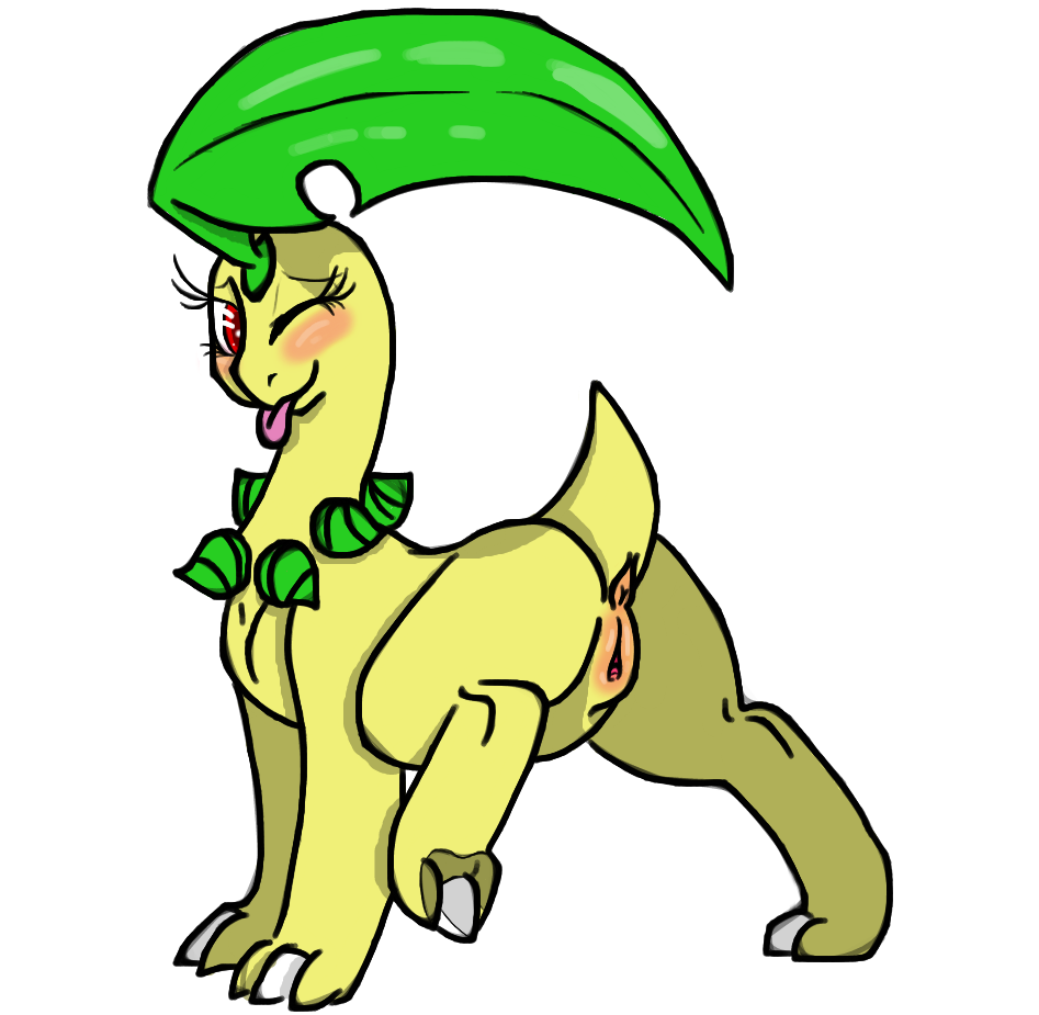 anus ass bayleef blush female feral fur honey_the_grizzly nintendo one_eye_closed pokemon pokemon_(species) presenting presenting_hindquarters pussy simple_background solo thepest tongue tongue_out video_games wink