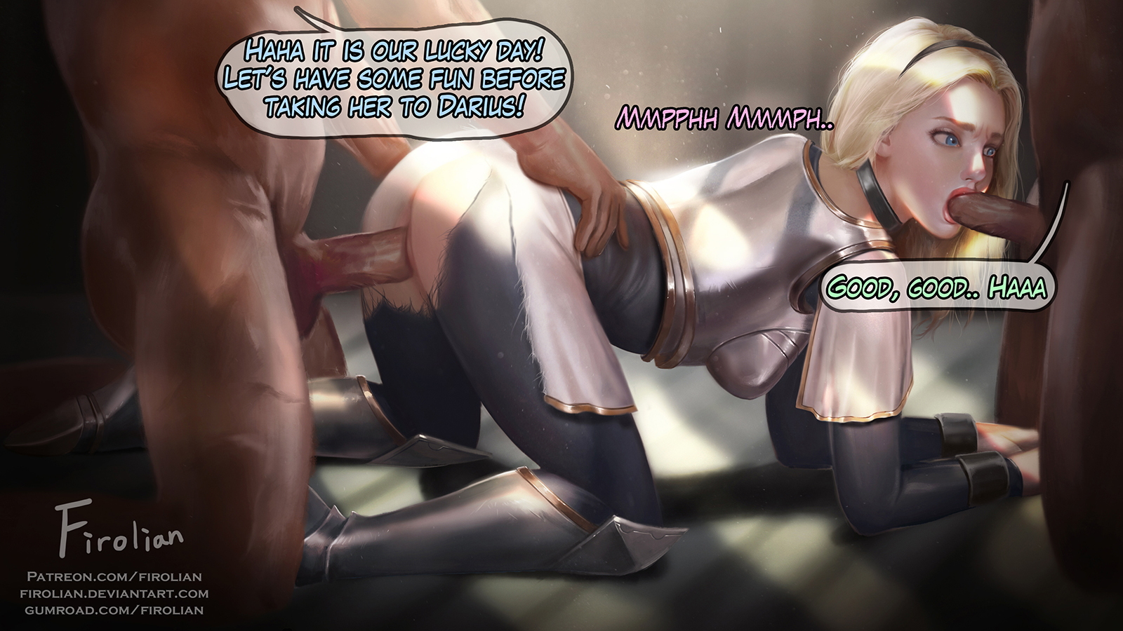 16:9, 1girls, 2boys, all fours, armor, balls, blonde, blonde hair, blue eyes, breasts, clothed female nude male, collar, covered breasts, dark skin, dark-skinned male, dialogue, english text, fellatio, female, firolian, hairband, high resolution, hips, interracial, large breasts, league of legends, legs, long hair, luxanna crownguard, male, multiple boys, multiple males, multiple penises, oral, penis, pussy, rape, sex, sex slave, sideboob, slave, slave girl, spitroast, straight, testicles, text, thighs, threesome, topless, torn clothes, torn pantyhose, vaginal penetration