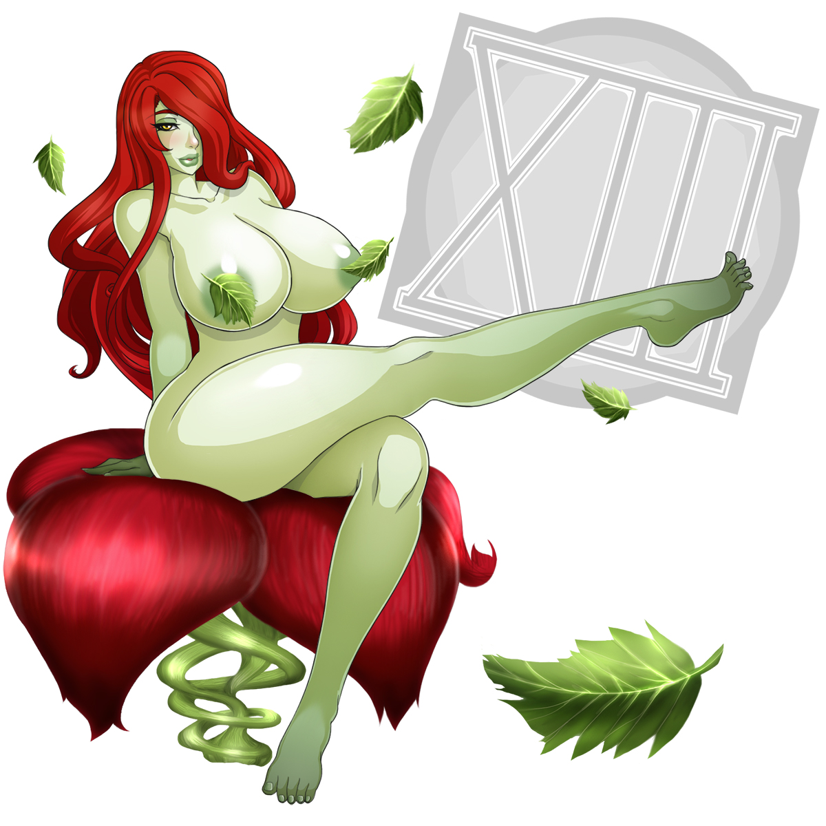 1:1, 1girls, 2d, barefoot, batman (series), breasts, censored, cleavage, dc, dc comics, feet, female, female only, full length, full-length portrait, green skin, green-skinned female, highres, huge breasts, large breasts, long hair, navel, nipple bulge, nipples, pamela isley, poison ivy, portrait, red hair, solo, standing, tagme, toes, topless, waifuholic, yellow eyes