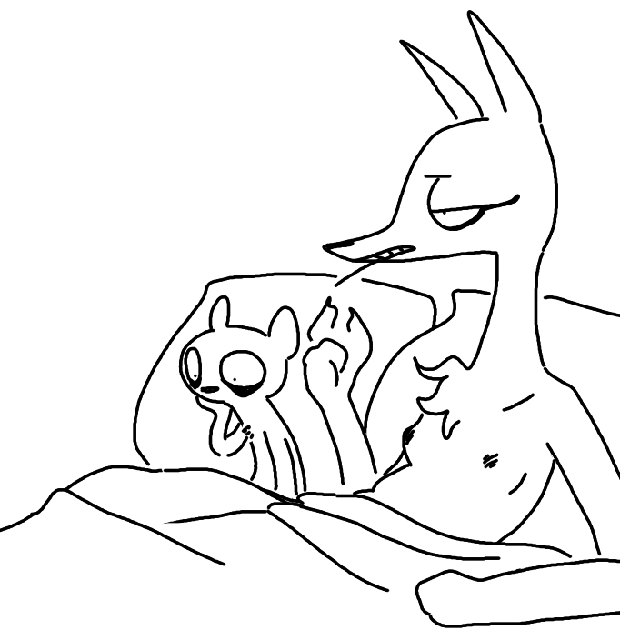 after_sex anthro avo_(weaver) bed breasts canine chest_tuft duo ermine female fur half-closed_eyes jackal looking_down lying male mammal marty_(weaver) monochrome mustelid nipples nude pack_street pillow size_difference the_weaver tuft